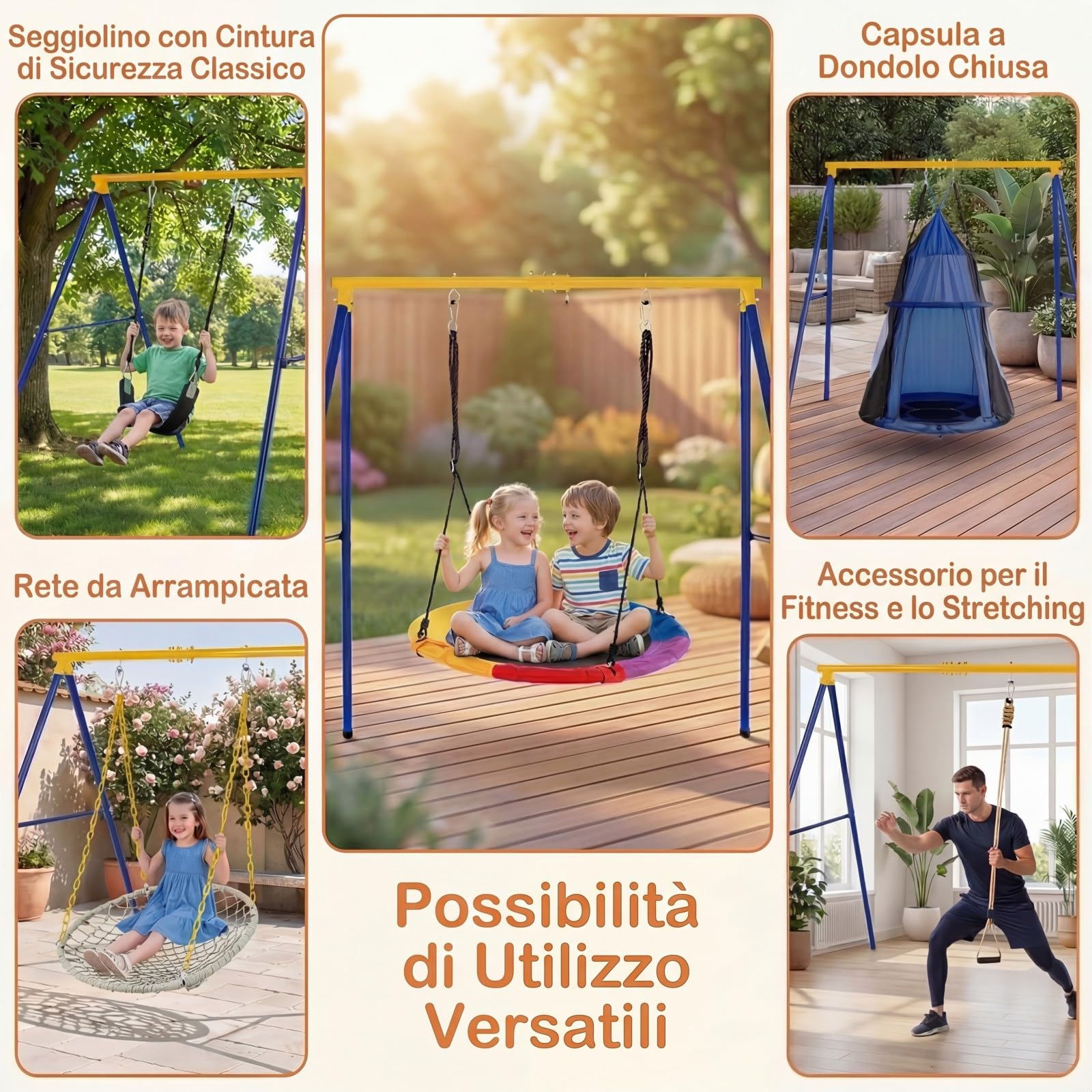 RELAX4LIFE Struttura per Altalena Singola, Telaio di Ferro Stabile e Durevole, a Forma di A con 200 kg, 194 x 184 x 180 cm (Solo Telaio-Giallo/Blu)