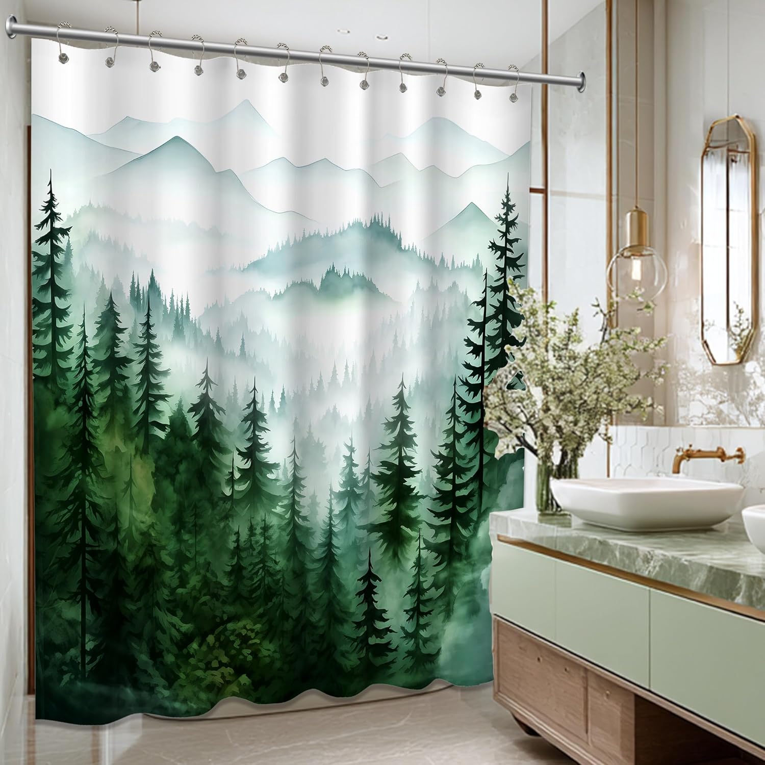 Dark Green Forest Shower Curtain White and Green Shower Curtains for Bathroom Decor Sets, Mountain Pattern, Waterproof Polyester Fabric with Hooks, 70 x 78 in