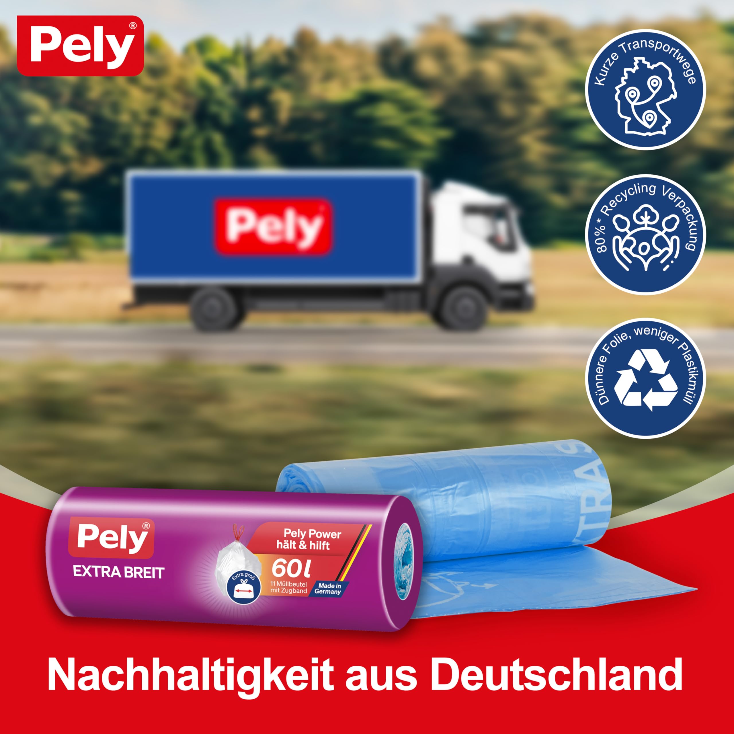 Pely Bolsas de basura de 60 litros (60 litros extra ancha), paquete de 17 x 11 unidades en cartón, para la eliminación de residuos residuales