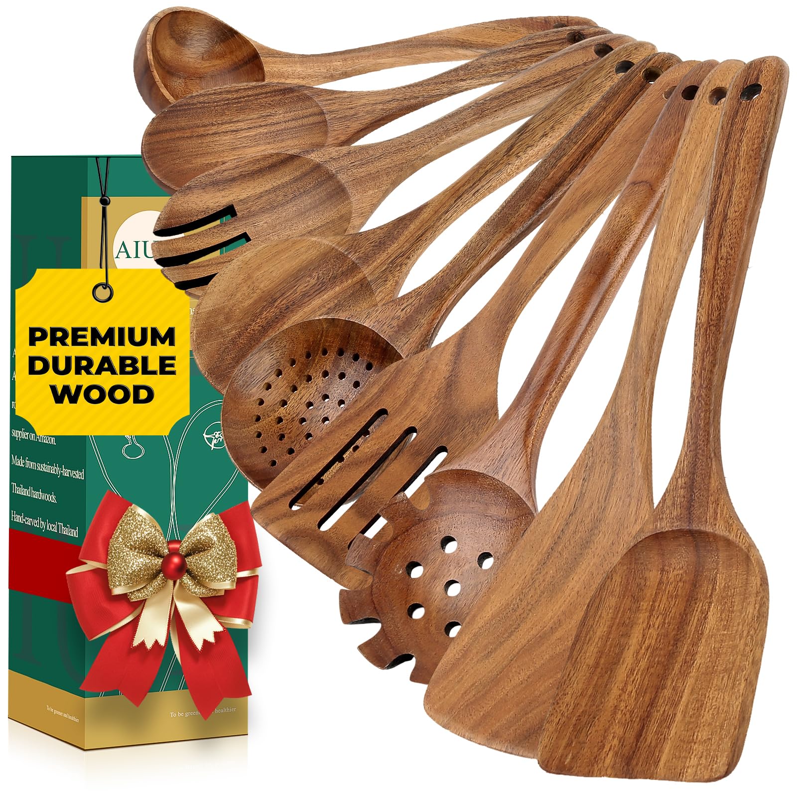 AIUHI Juego de utensilios de cocina de madera de teca, 9 cucharas de madera para cocinar, espátulas de madera para cocinar, antiadherentes, duraderas y resistentes al calor