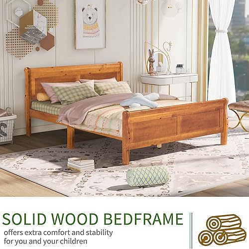 Miniatura 4 de Cama de plataforma tamaño Queen con cabecero y estribo, marco de cama de madera con listones de madera, gran soporte, cama de tamaño matrimonial con