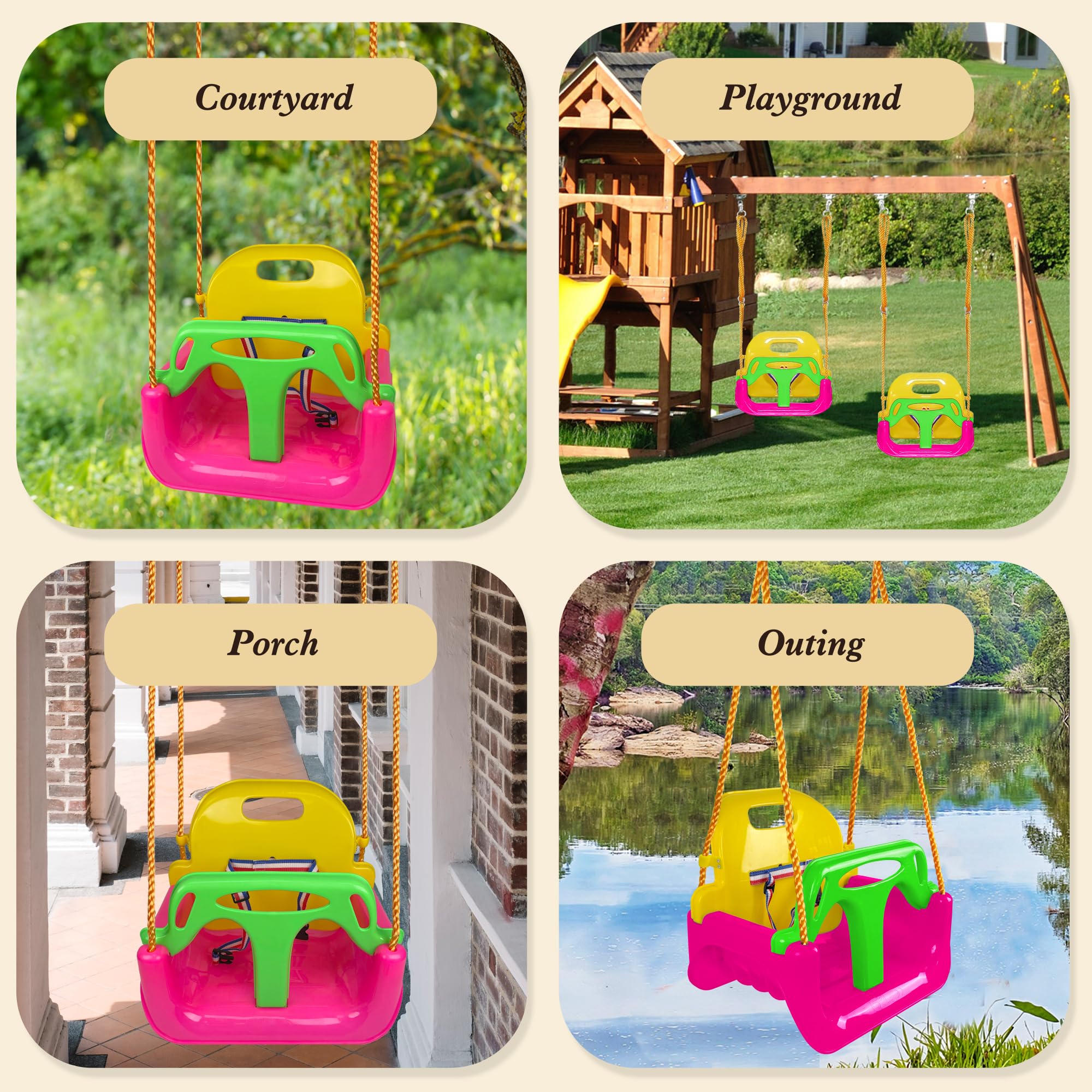 KINSPORY Altalena da Giardino 3 in 1 per Bambini, Altalena per bambini 3 in 1, Seggiolino Altalena Bambini Sedile in Plastica con Schienale e Cintura di Sicurezza per Esterno e Interno (Rosa Scuro)