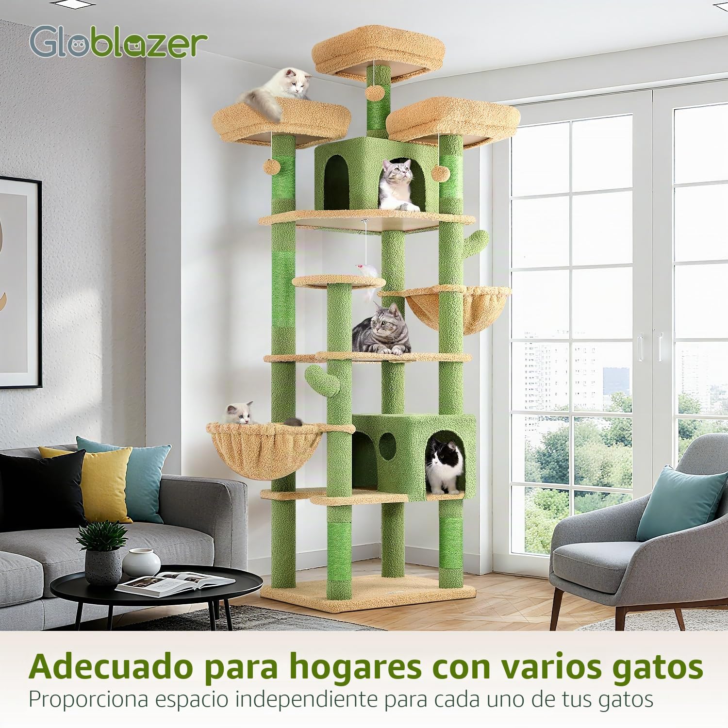 Globlazer Rascador para Gatos Verde Cactus XXL 209 cm con 3 Perchas Acolchadas, 2 Nidos, 2 Cesta, Grande Plataformas, Juguetes de Peluche, Lujo Árbol Rascador para 3-5 Gatos Interior (F82, Verde)