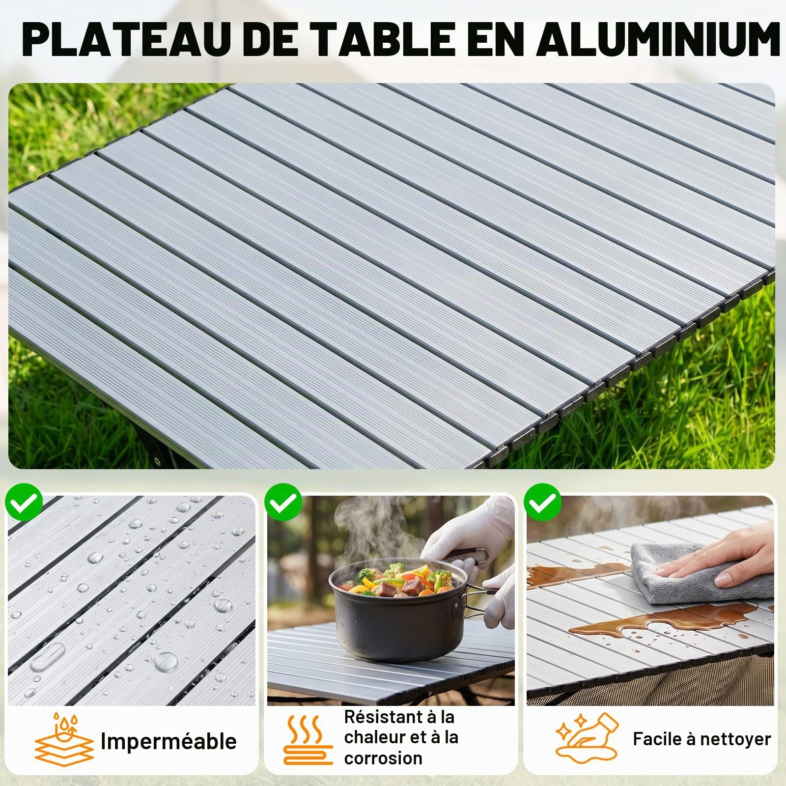 HAUSPROFI Table de camping pliable 120 x 70 x 70 cm pour 4 à 6 personnes, en aluminium, charge maximale : 100 kg, table pliante avec sac de transport, table d'extérieur portable pour camping
