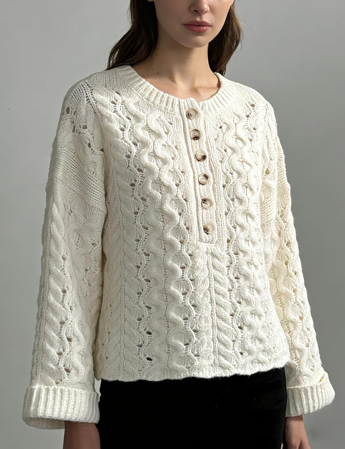 Women's Cable Knit Sweater Long Sleeve Crewneck Casual Cropped Pullover Sweaters Boho Half Button Down Tops - Image 2