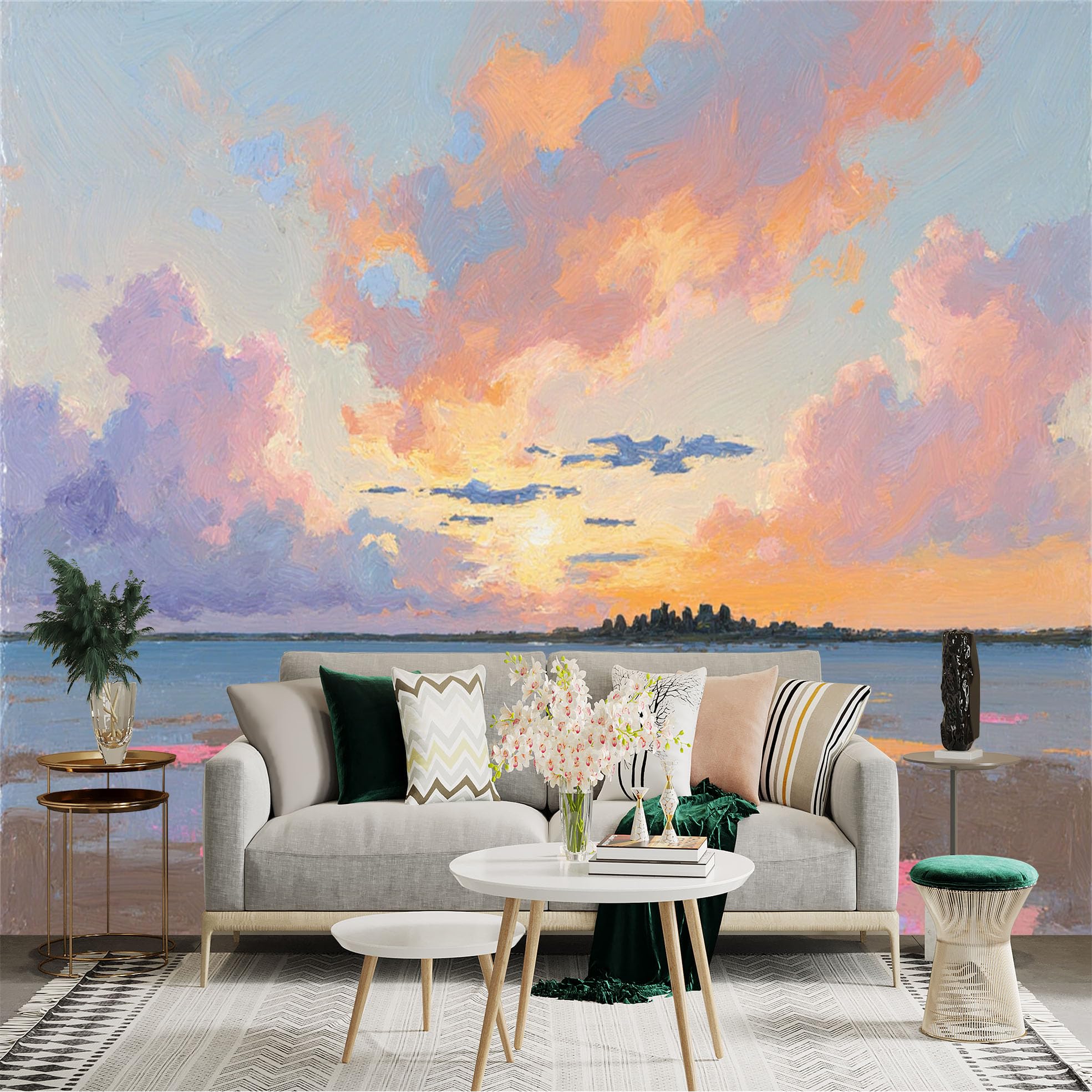 Lnzczhyre Xc260505230 Custom Size Wall Sticker Mural， Impressionist Sunset Seascape， Vibrant Colorful Clouds， Peaceful Ocean Reflection， Artistic Oil Painting Style， For Wall Decoration， Peelandstick Wall Decals.