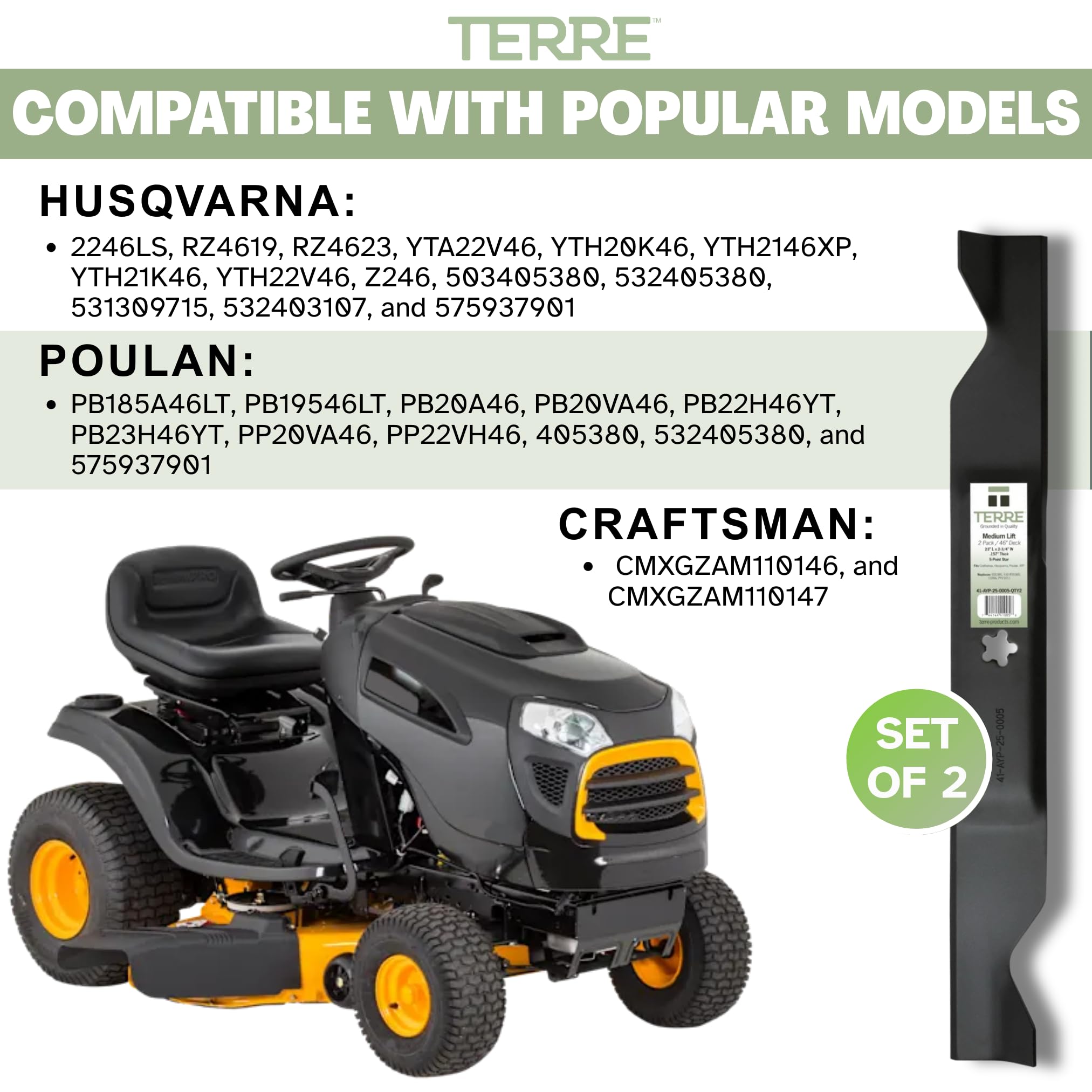 Terre Products - Paquete de 2 cuchillas para cortacésped de elevación media, corte de 46 pulgadas, compatible con Craftsman, Husqvarna, Poulan, repuesto para 405380, 532-405380, 33266 y PP21011