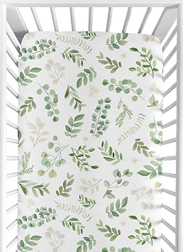 Sweet Jojo Designs 100% Cotton Fitted Baby Crib Sheet Boho Floral Leaf for Girls & Boys, Infant Nursery, Toddler Room - Standard Size Bohemian, Watercolor, Botanical, Tropical, Garden, Sage Green