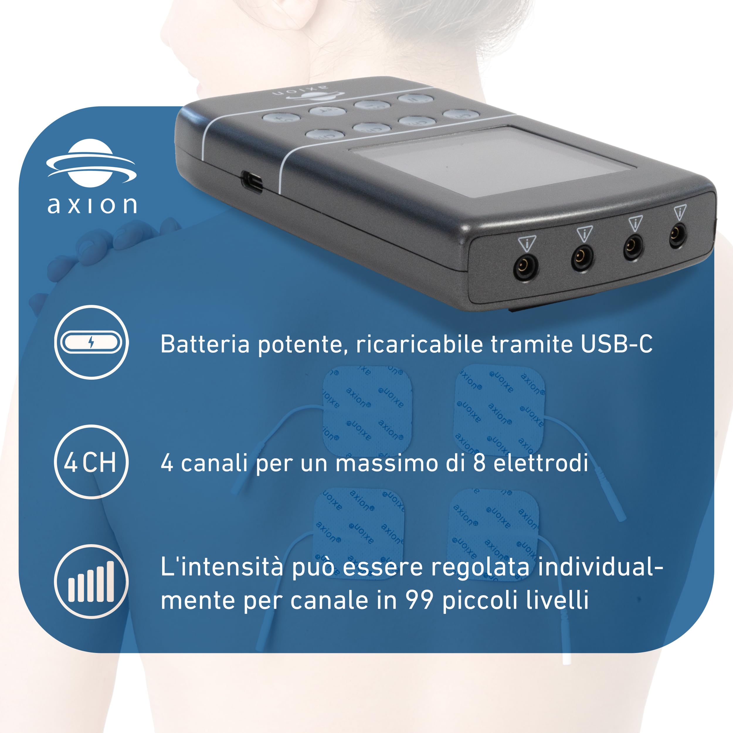 TENS EMS Dispositivo combinato STIM-PRO X9B - 4 canali nel set con 8 pezzi da 5x5cm, 4 pezzi da 10x5cm, elettrodi speciali e spray per contatti - Terapia del dolore, tonificazione muscolare e