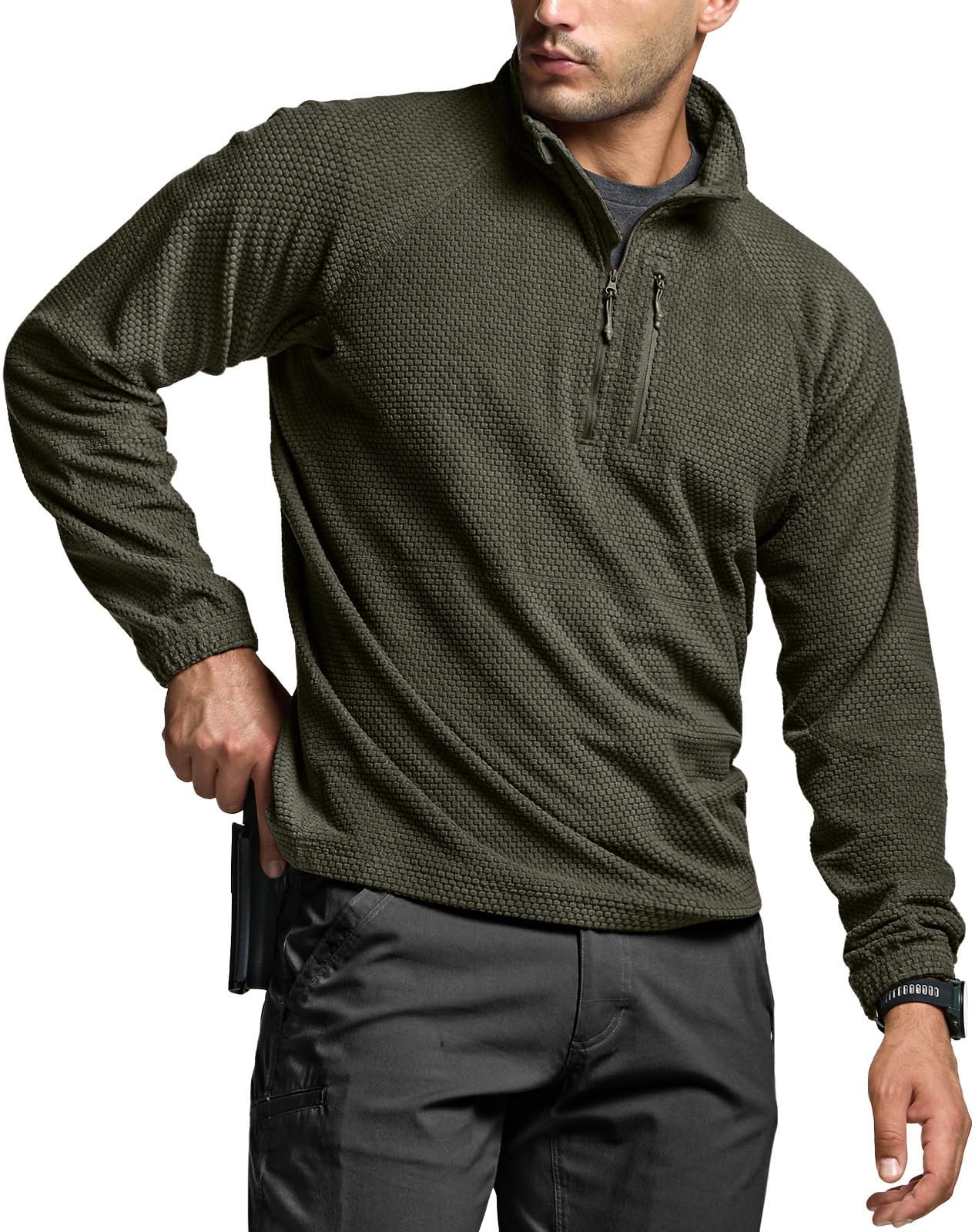 Men's Quarter Zip Utility Fleece Pullover, Outdoor Casual Thermal Sweater, Chest Zipper Pocket, Mock Neck Long Sleeve