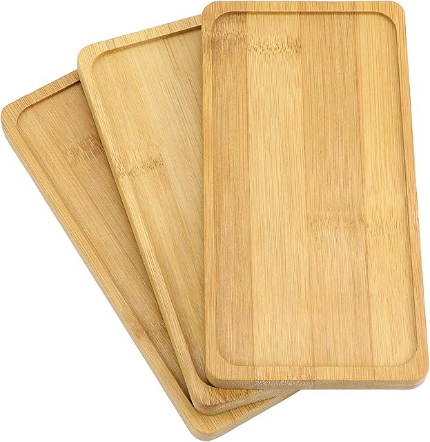 TsunNee 3PCS Bamboo Tray, Rectangle Saucer, Flower Plant Succulent Pot Holder, Wooden Serving Tray, Cup Coaster, Paper Holder