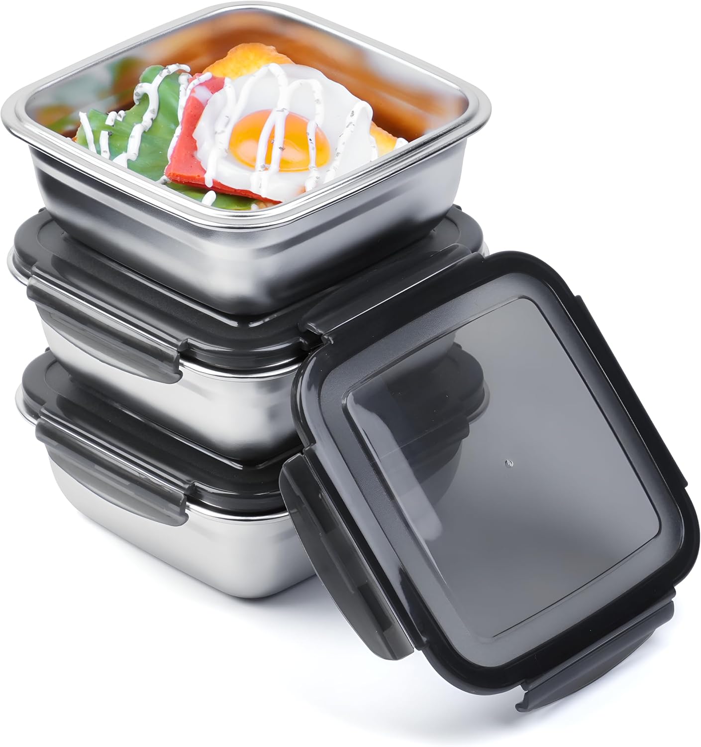 3 Pack Sandwich Containers, 24oz Stainless Steel Sandwich Box with Airtight Lids, BPA-Free, Dishwasher Safe, Durable & Reusable Metal Meal Prep Lunch Boxes for Fruits, Snacks, Bento (Black)