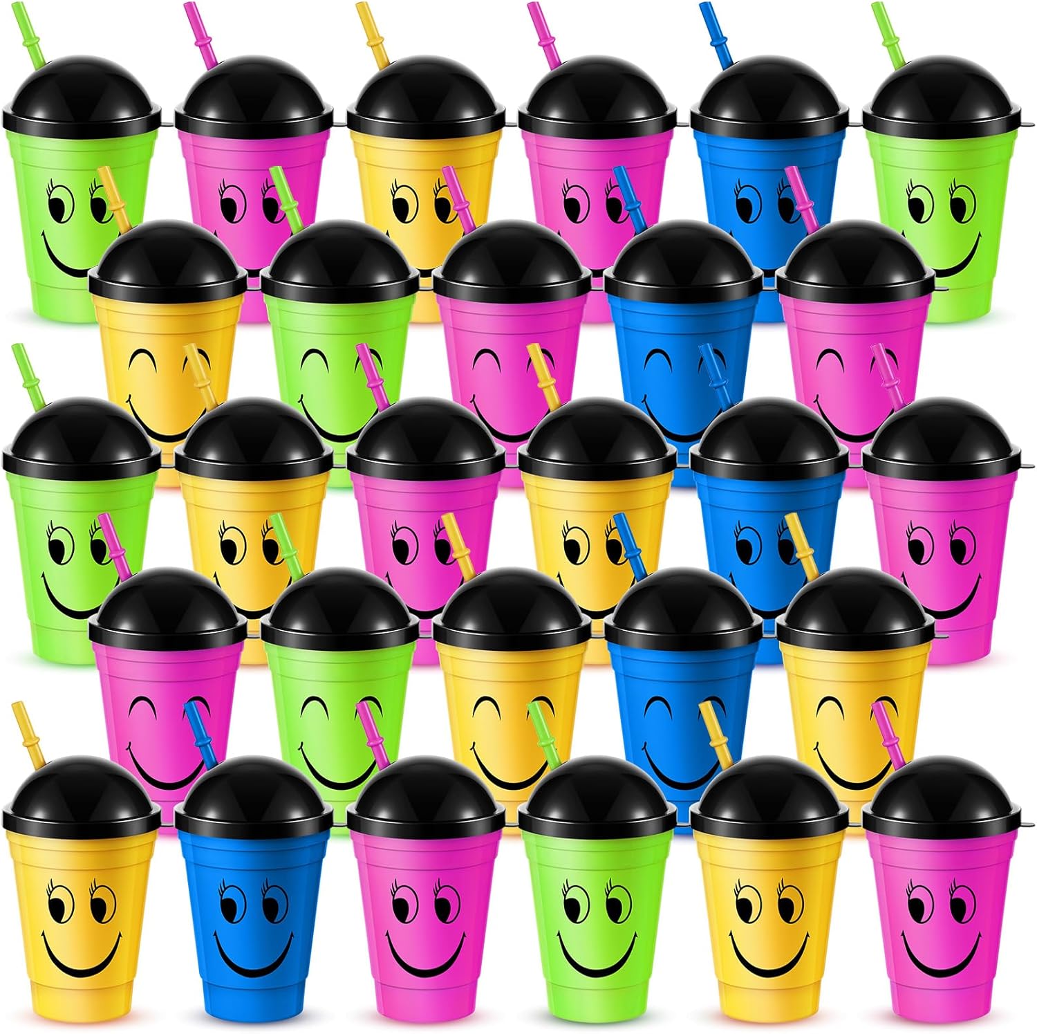 50 Pack Smile Face Sipper Cups with Lids and Straws for Kids 12 oz Reusable Plastic Kids Cups with Lids for School Events Birthday Party Supplies, 4 Random Colors