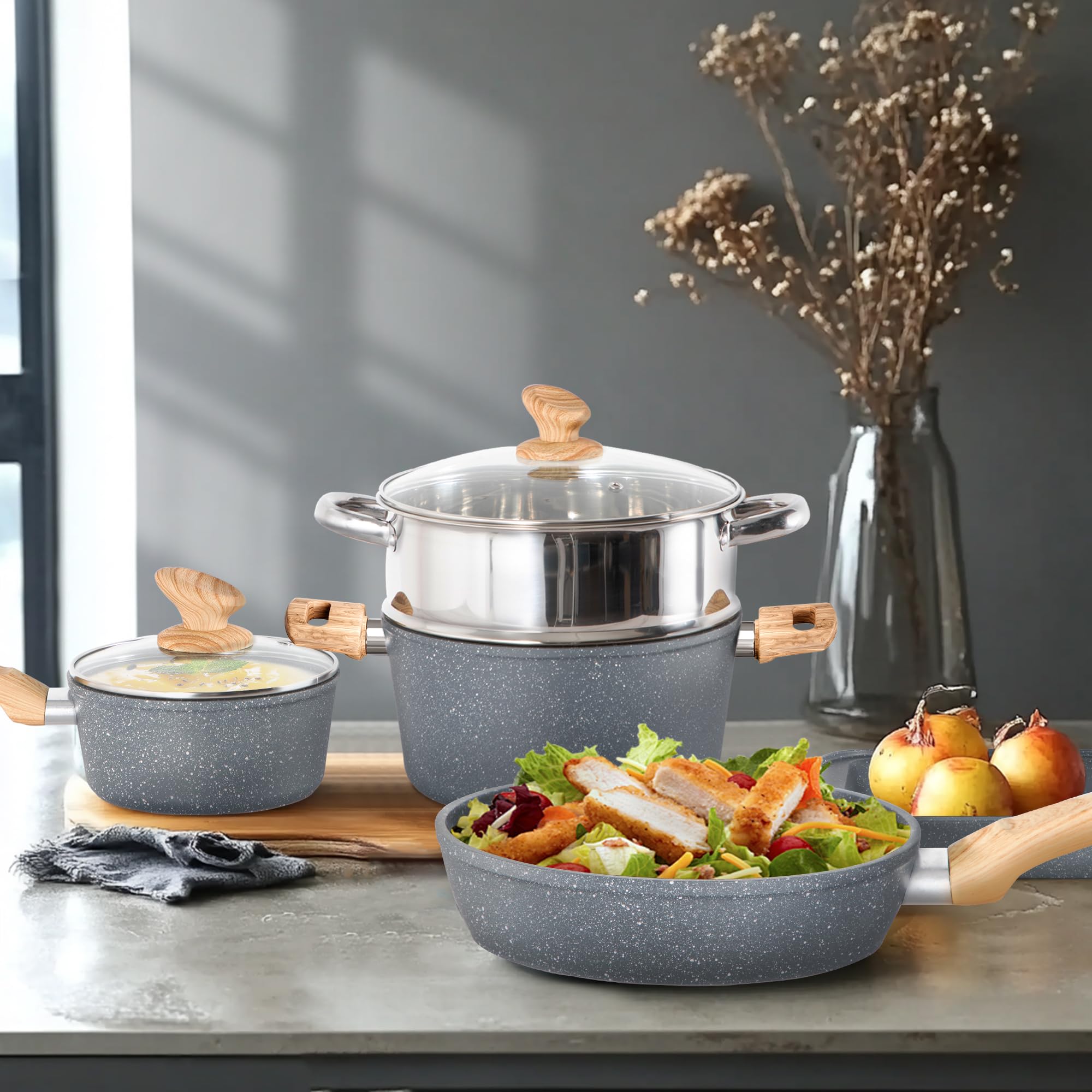 DishDelight Induktions-Kochgeschirr-Set mit Grillplatte 17-teiliges Induktions Töpfe Set Topf und Pfannenset mit Deckel Granit Antihaftbeshichtung Topfset Kochtopf