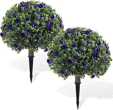 Yunlly 2 Pack Artificial Boxwood Topiary Ball Tree with Faux Rose Bush 18 Inch Outdoor Faux Topiary Shrub with Ground Spike, UV Resistance Fake Plant for Garden Porch Patio Indoor Dark Purple