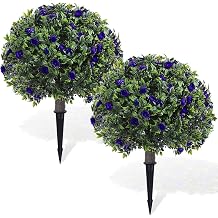 Yunlly 2 Pack Artificial Boxwood Topiary Ball Tree with Faux Rose Bush 18 Inch Outdoor Faux Topiary Shrub with Ground Spike, UV Resistance Fake Plant for Garden Porch Patio Indoor Dark Purple