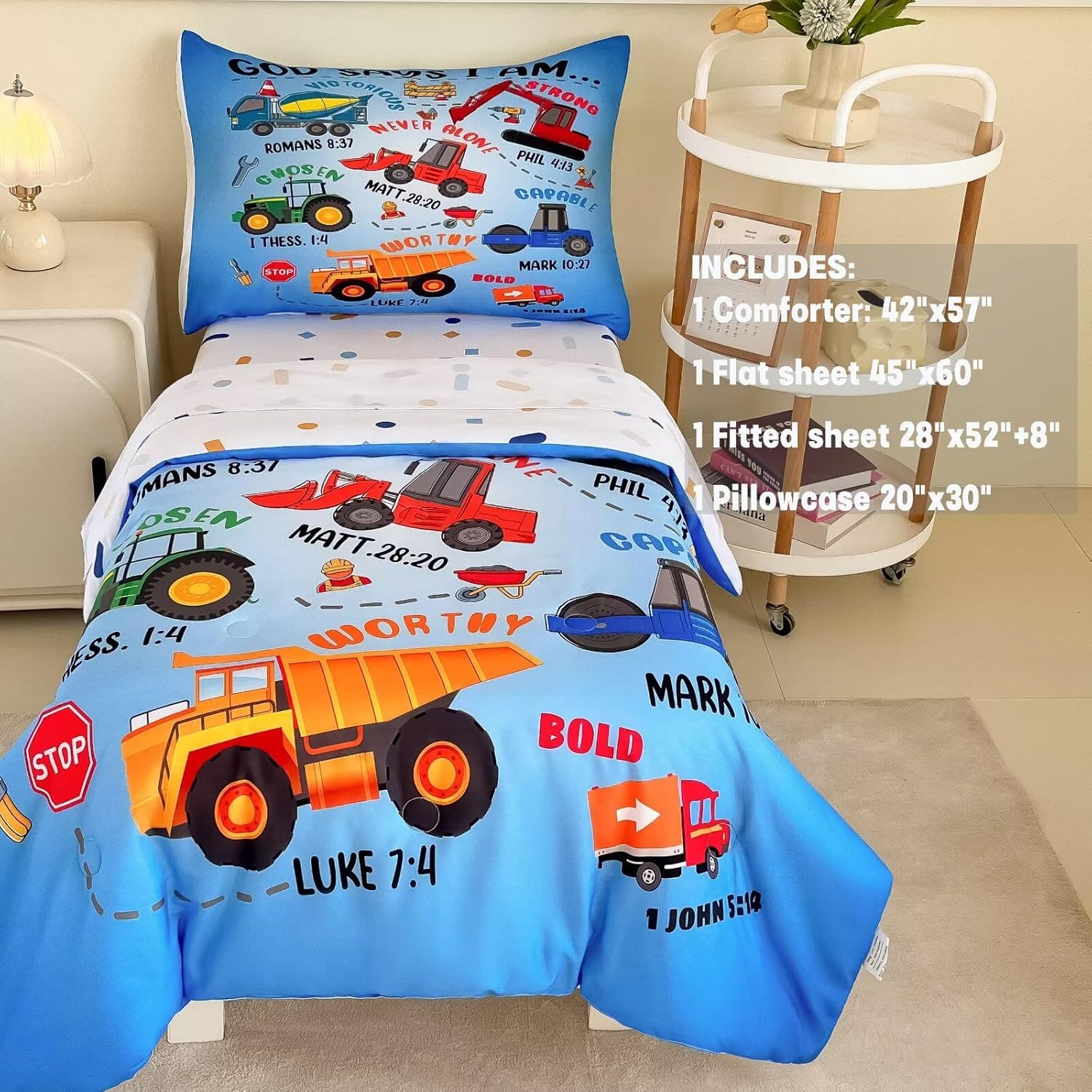 4 Piece Toddler Bedding Set for Boys,Cars Construction Toddler Bed Comforter Set Includes Comforter,Flat Sheet,Fitted Sheet and Pillowcase,Christan Trucks Tractors Bed in A Bag for Kids Bedroom - Image 4