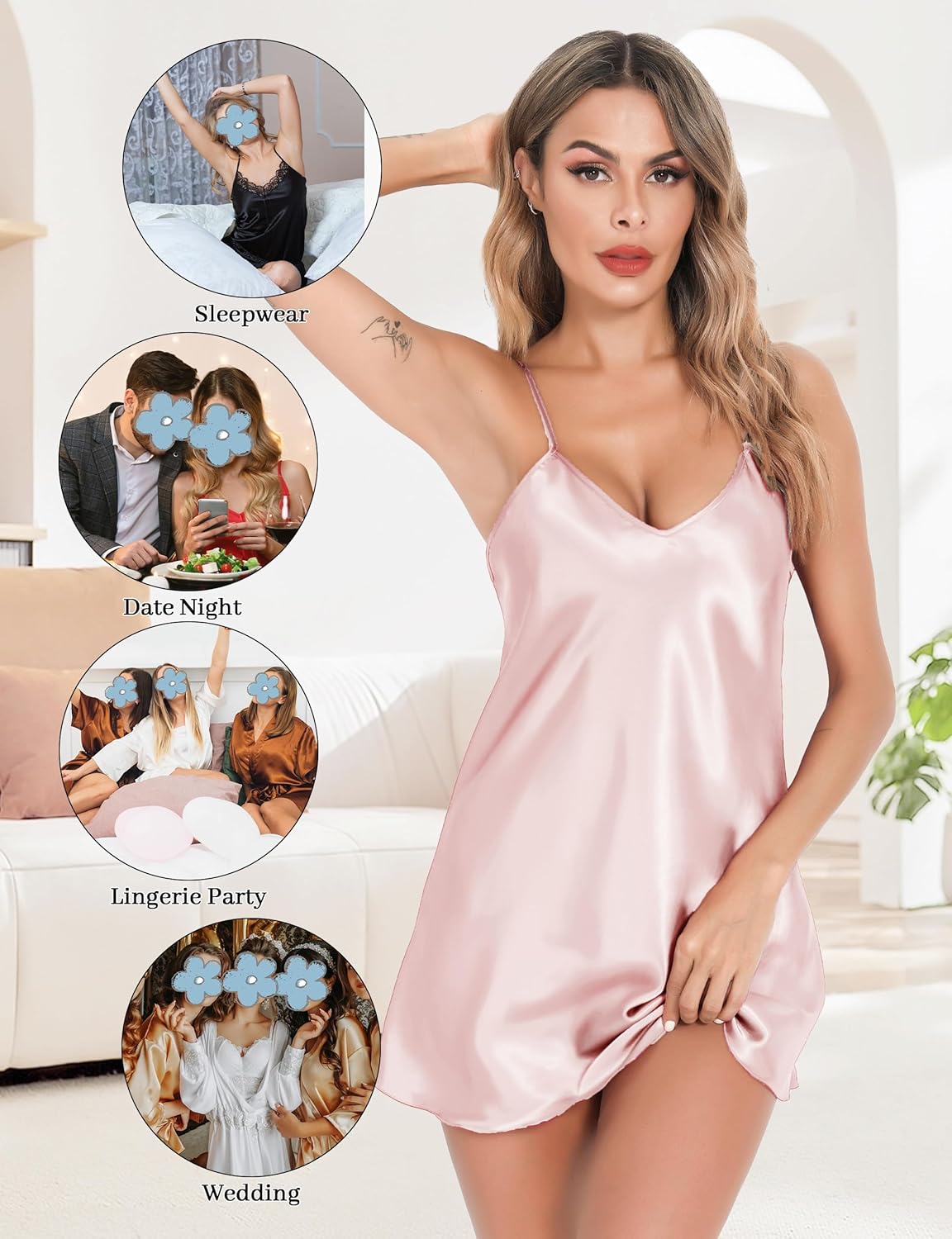 Lovasy Women's 2 Pack Silk Nightgown Sexy Lingerie Satin Sleepwear Negligee V Neck Chemise Nightwear Mini Slip Dress S-XXL - Image 5