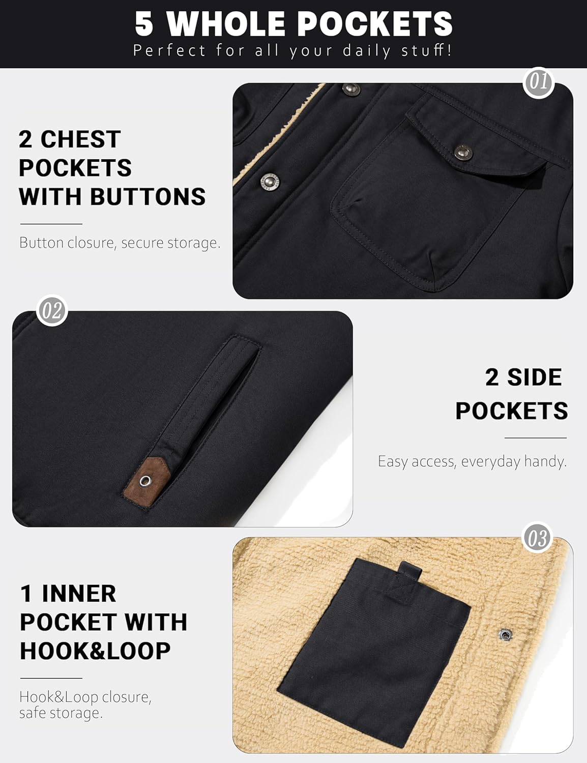 KEFITEVD Men's Winter Fleece Jacket Sherpa Lined Cargo Jackets Casual Trucker Coat Work Winter Thick Warm Coat - Image 6