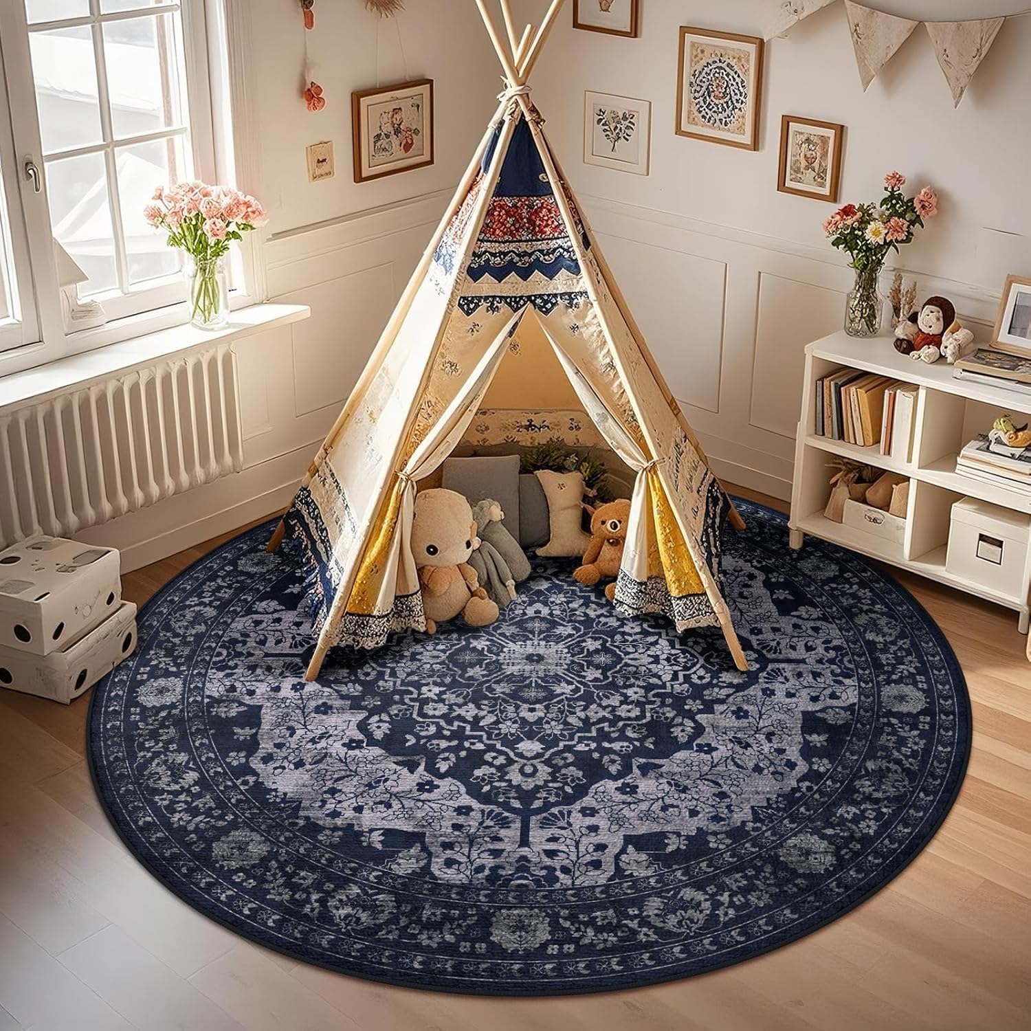 nesrt Boho Vintage Round Rugs 6ft for Living Room, Non-Slip Washable Circle Bedroom Rug, Soft Faux Wool Thin Printed Kids Nursery Floor Carpets for Dining Room Entryway Home Office Decor (Navy Blue)