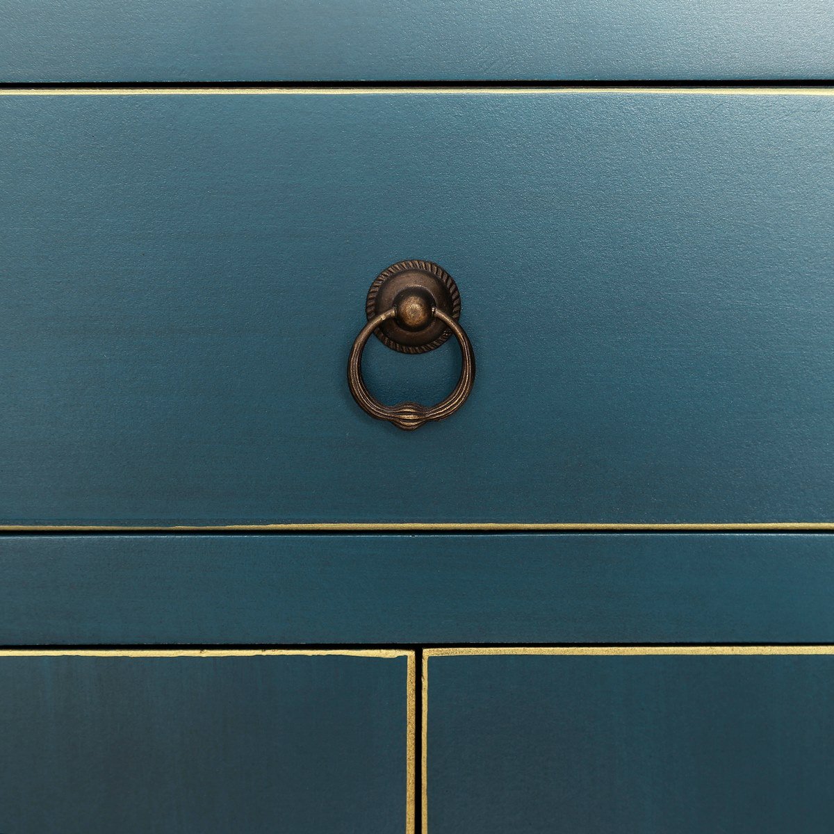 Consola oriental de madera azul con 3 cajones y 4 puertas de 90x95x26 cm | Diseño rústico artesanal con cierres de imán. Decora el recibidor o salón aportando personalidad y mucho almacenaje.