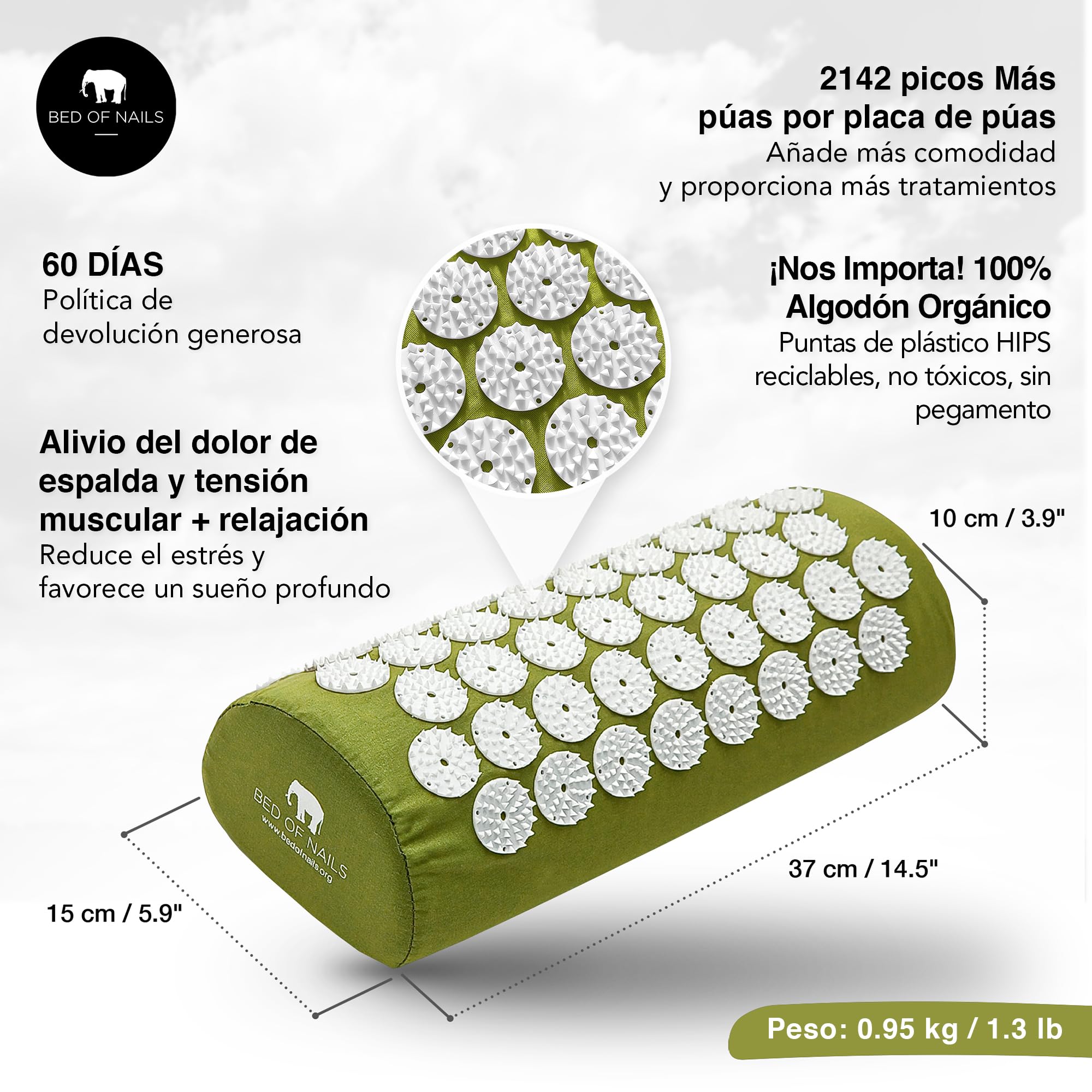Bed of Nails Original Acupresión Almohada con 2,142 Masaje Puntas para Cuello y Hombro Dolor, Estrés y Espalda Dolor Alivio, Transporte Bolsa, 38 x 15 x 10 cm, Verde
