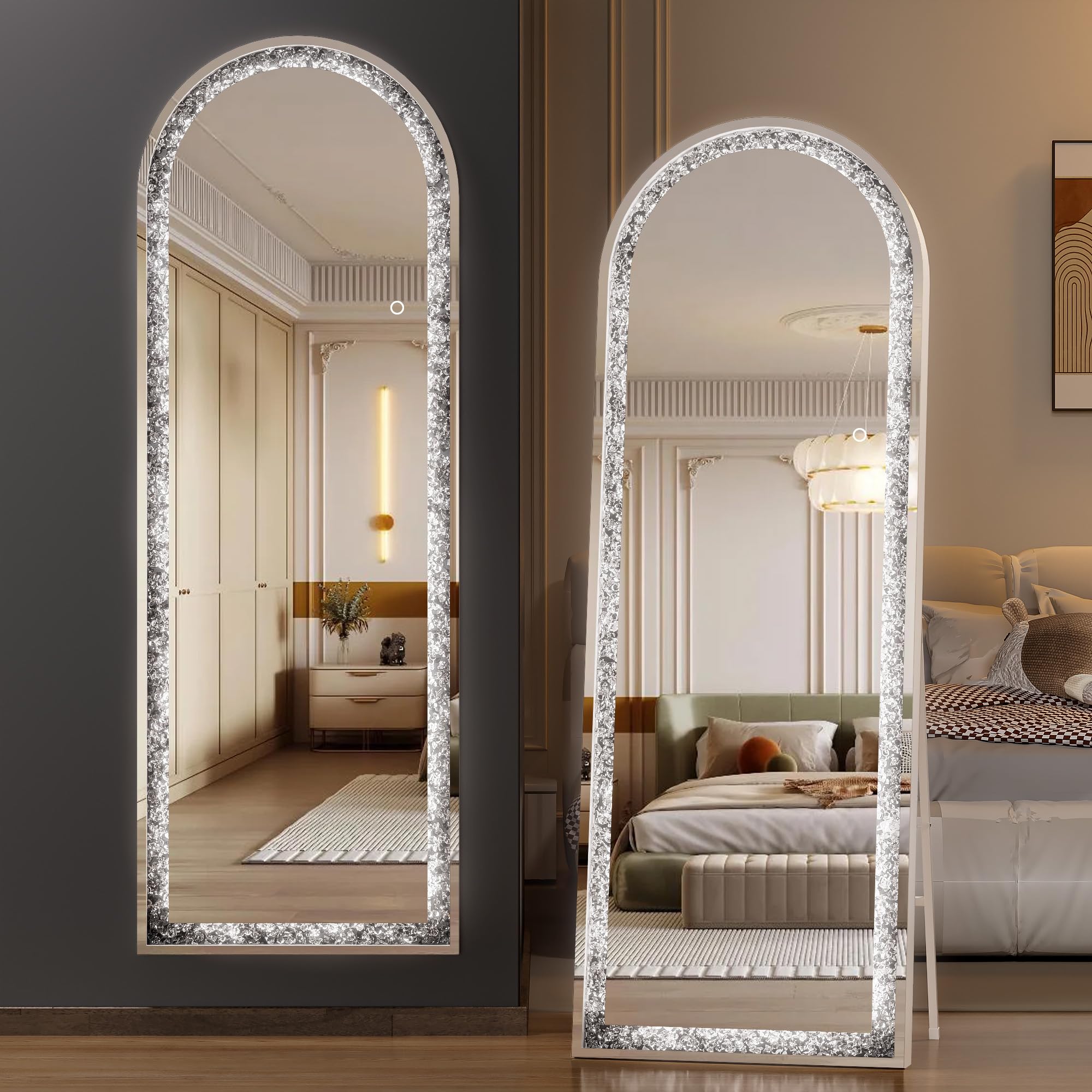 Hasipu 140 X 50cm LED Full-Length Mirror Arch Design with Crystal Crush Diamond, Wall Mounted Diamond Mirror Leaning for Living Room Bedroom Dimming & 3 Color Modes