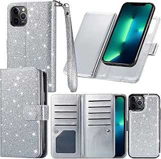 Varikke for iPhone 13 Pro Case Wallet, iPhone 13 Pro Case for Women with Card Holder & Magnetic Detachable Cover & Kickstand Strap Glitter PU Leather Flip Wallet Case for iPhone 13 Pro 6.1