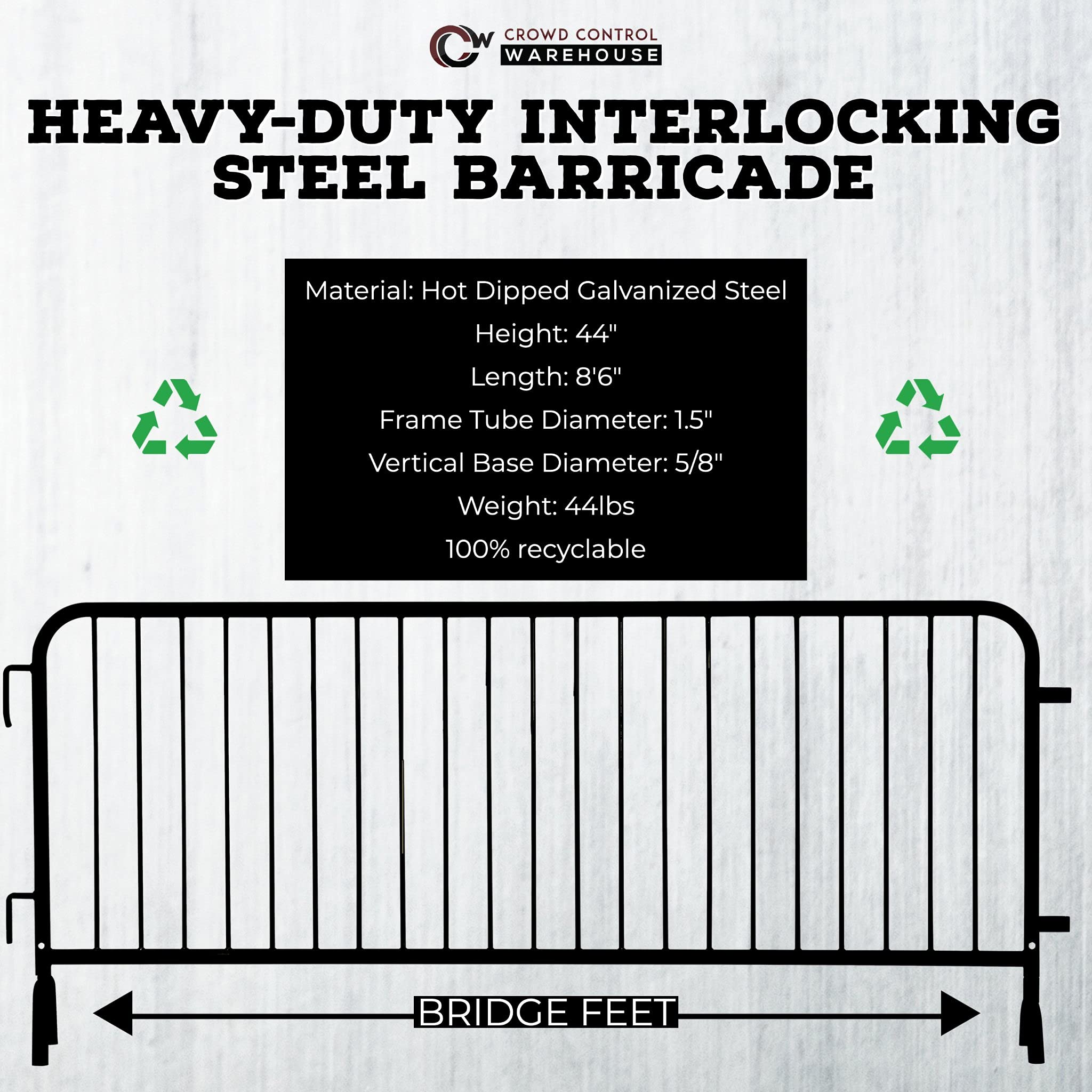 Angry Bull Barricades Metal Interlocking Steel Barricade (8.5 Ft. Heavy Duty, Bridge Feet, Black Powder Coated, Set of 10)