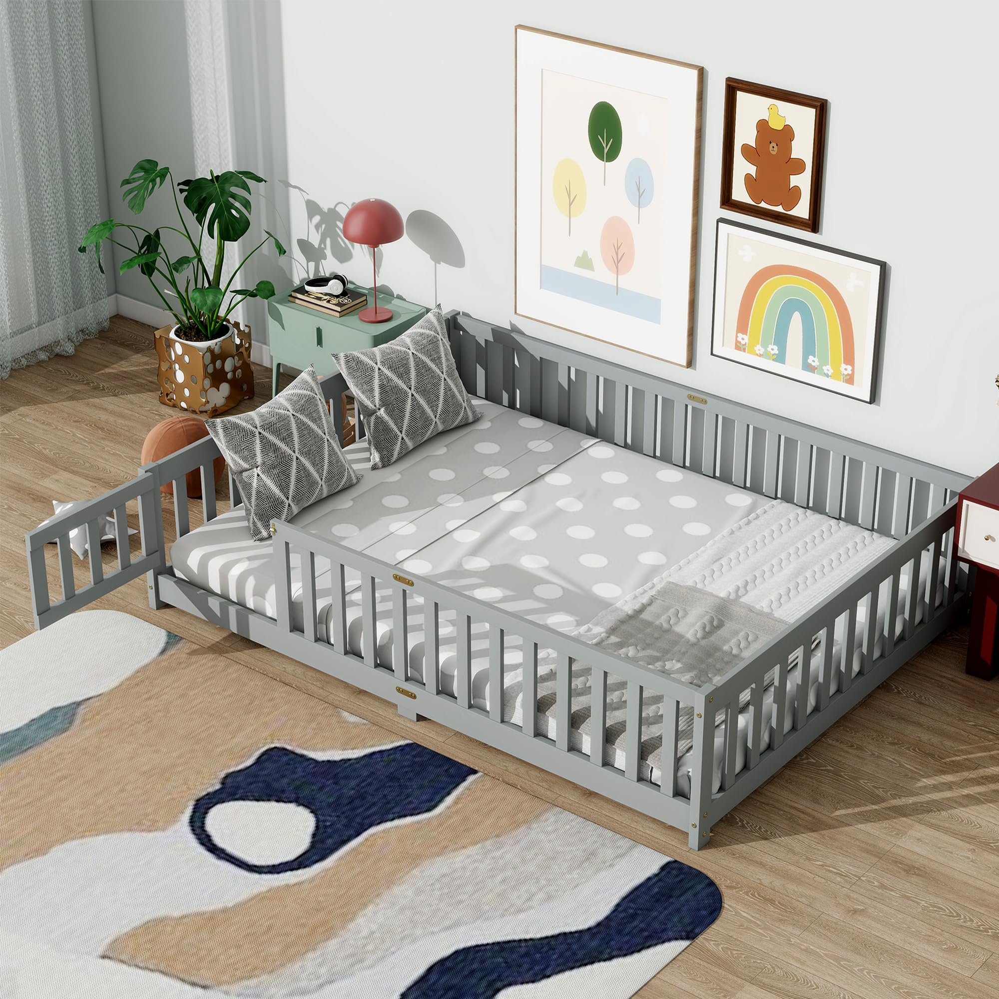 Full Floor Bed with Safety Guardrails for Kids, Rubber Wood Montessori Bed with Slats and Convertible Door,Full Size Bed Frame for Girls and Boys,No Box Spring Needed,Grey