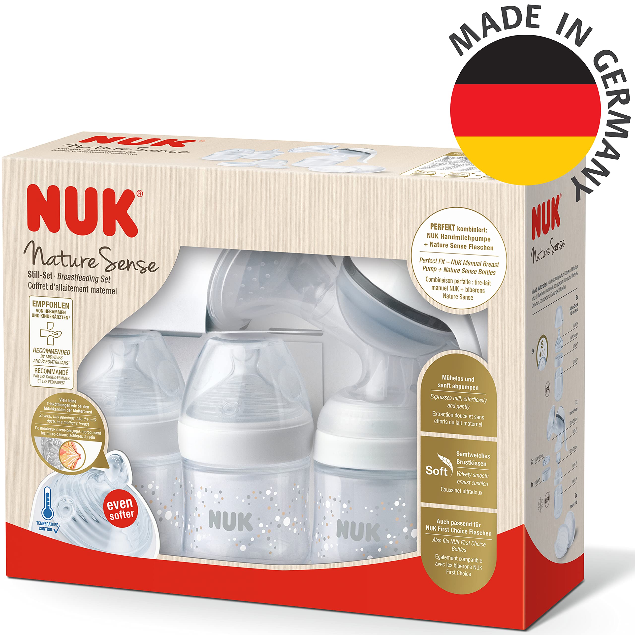 NUK Nature Sense Tiralatte manuale | Set per l'allattamento con tiralatte manuale, biberon e coppette comfort ultra assorbenti per il seno | 6 pezzi