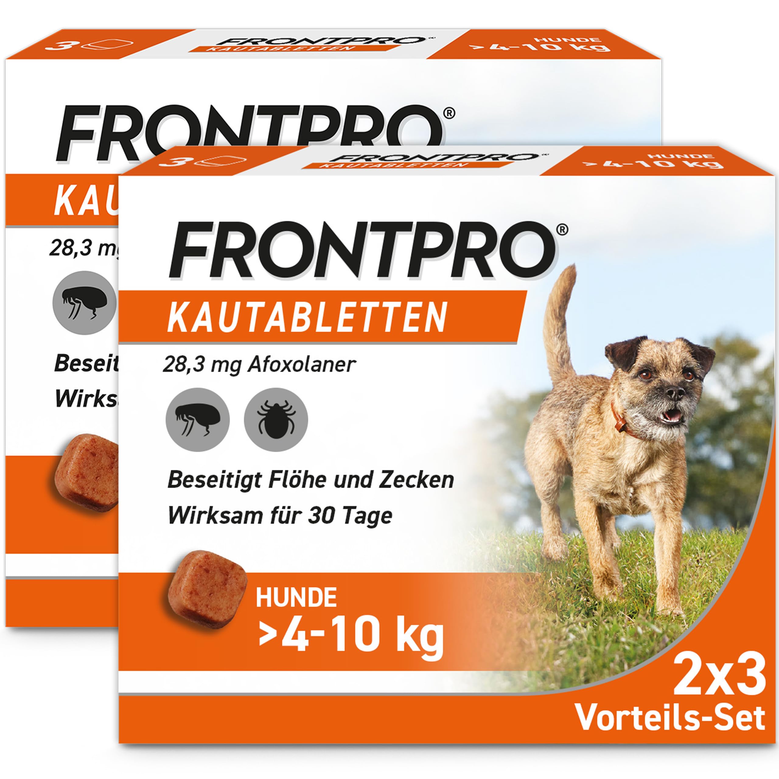 FRONTPRO Hund M - Kautablette gegen Zecken & Flöhe (Hunde 4 bis 10 kg) | 3x Kautabletten (2er Pack) für 6 Monate Schutz - schmeckt einfach mit oder ohne Futter - schnelle Wirkung