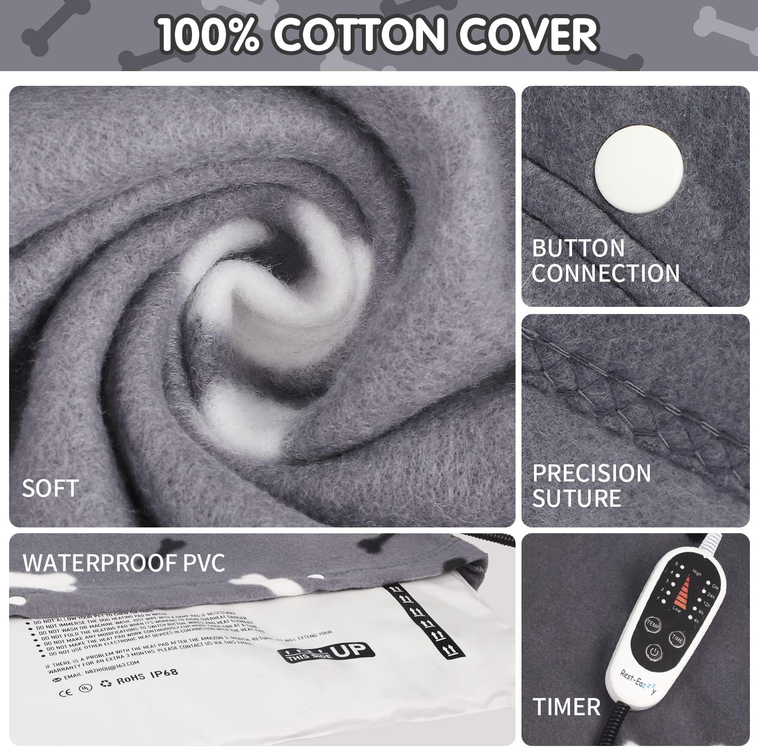 Rest-Eazzzy Pet Heating Pad Indoor, Dog Heating Pad Mat with Removable Cover, 5 Level Timer 5 Level Temperature, Electric Pet Warming Mat for Cat Dog Automatic Power-Off (Heat pad, Bone-Grey-New)