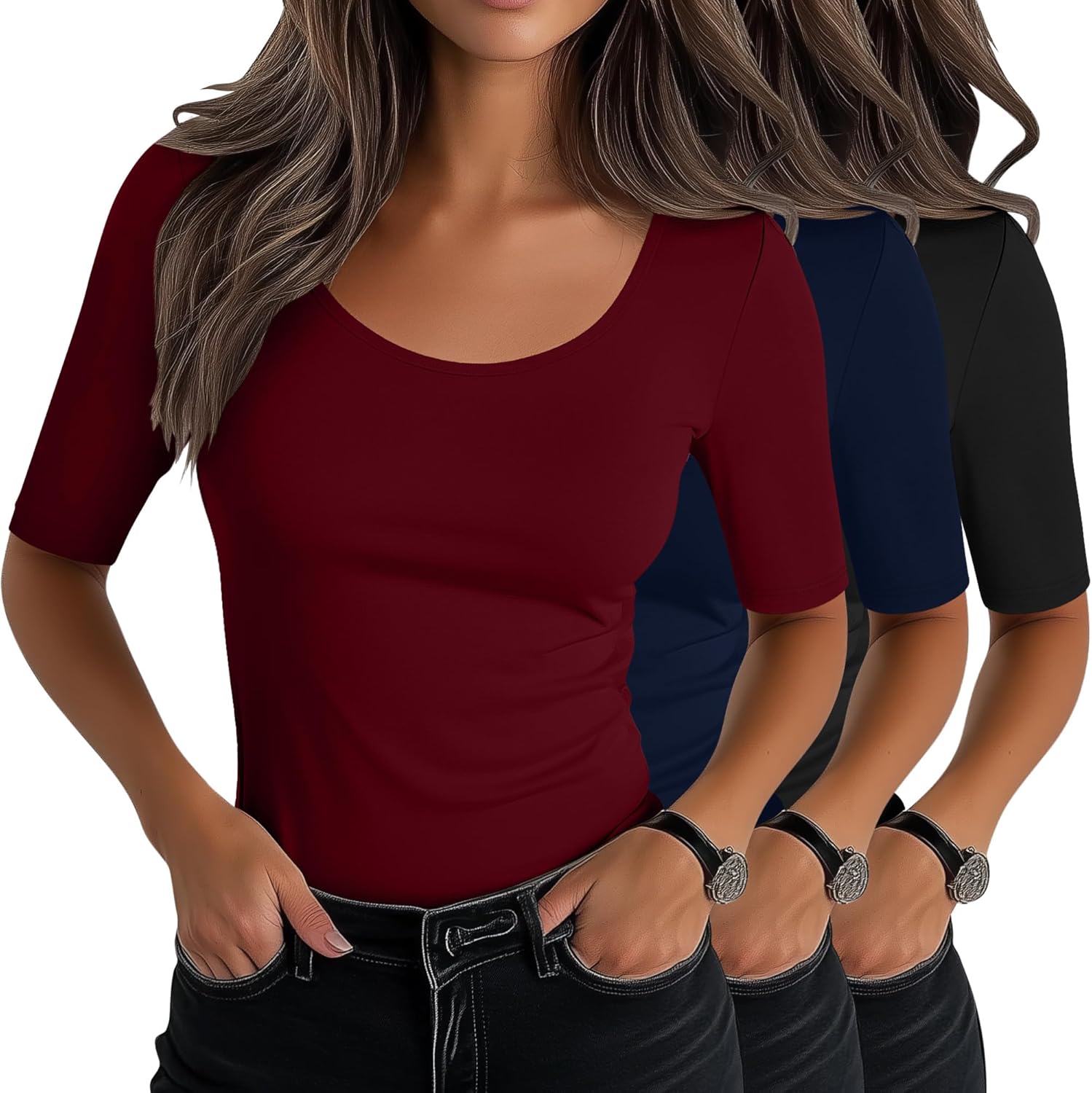 Neer 3 Pack Women's Scoop Neck Stretchy Tops Cotton Half Sleeve Slim Fitted T-Shirts Tight Casual Basic Summer Tees