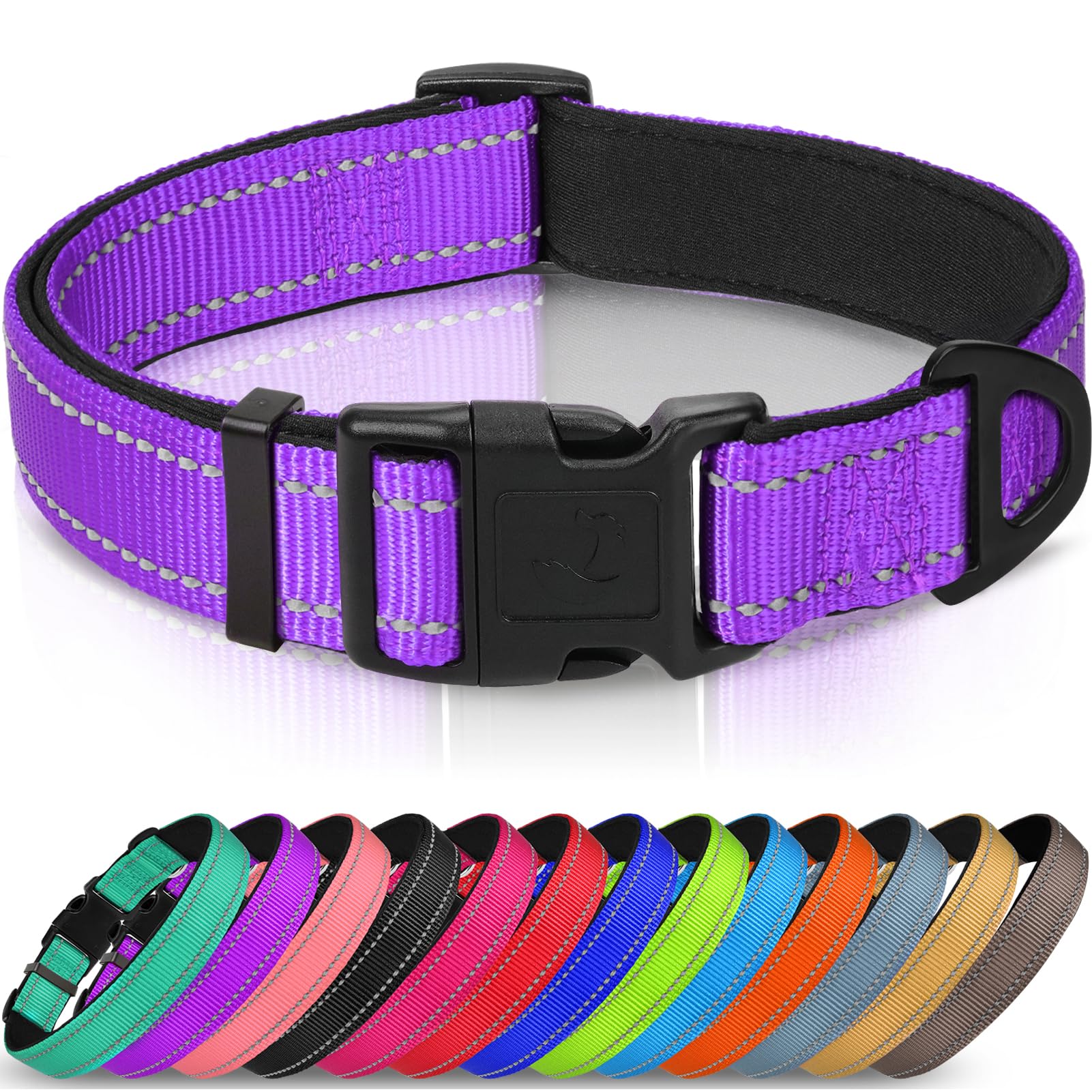 Joytale Reflective Dog Collar,Soft Neoprene Padded Breathable Nylon Pet Collar Adjustable for Large Dogs,Purple,L