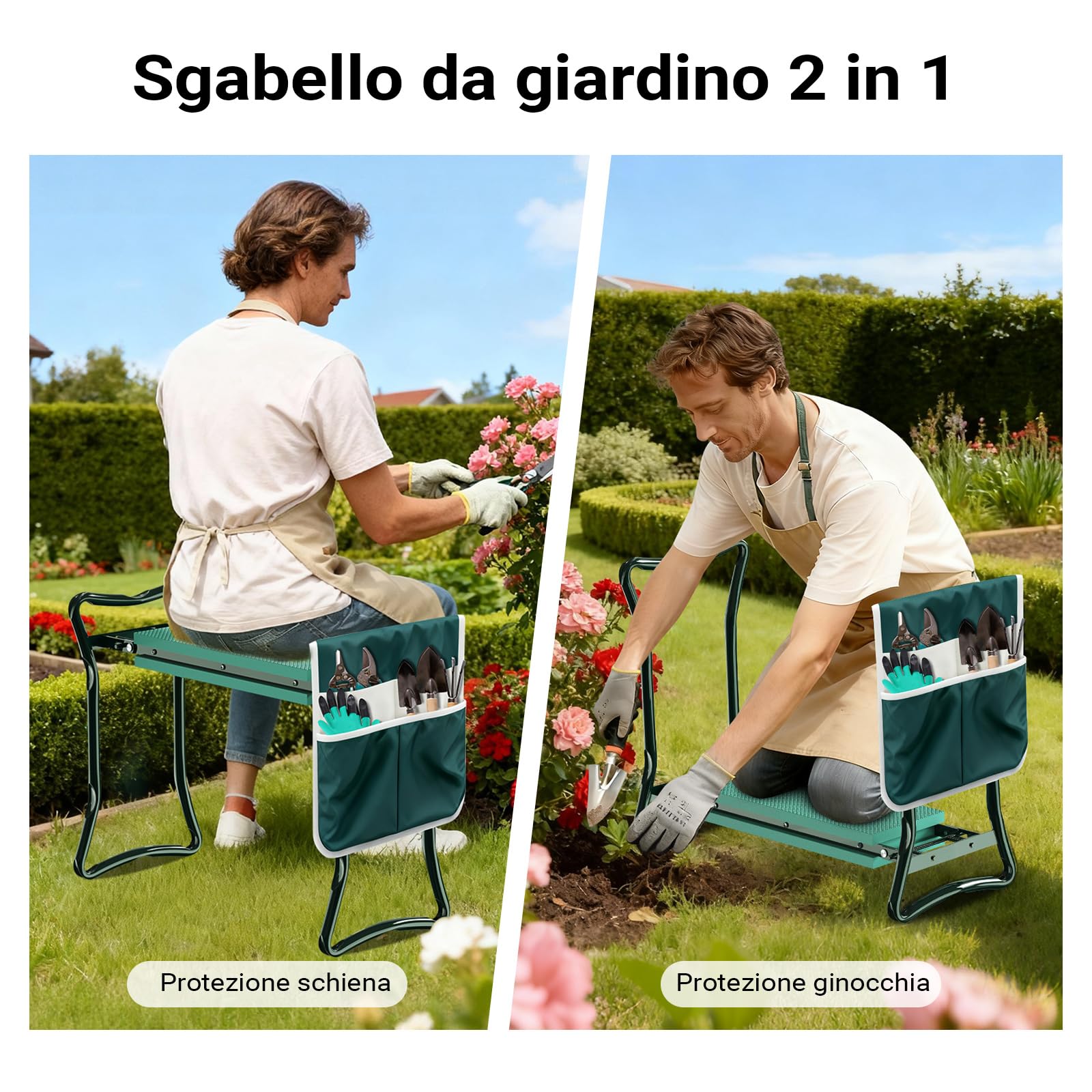 Wiltec Inginocchiatoio imbottito da giardino pieghevole con borsa per attrezzi Sgabello Max 150 kg