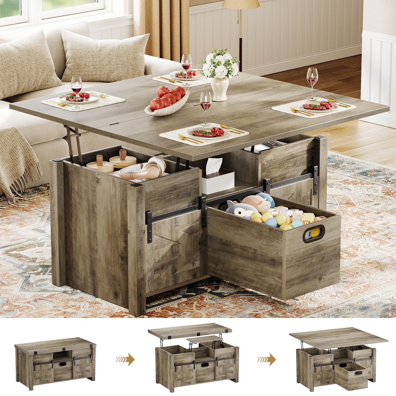40 Farmhouse Lift Top Coffee Table with Sliding Barn Door 4 in 1 Multi-Function Coffee Tables with Storage