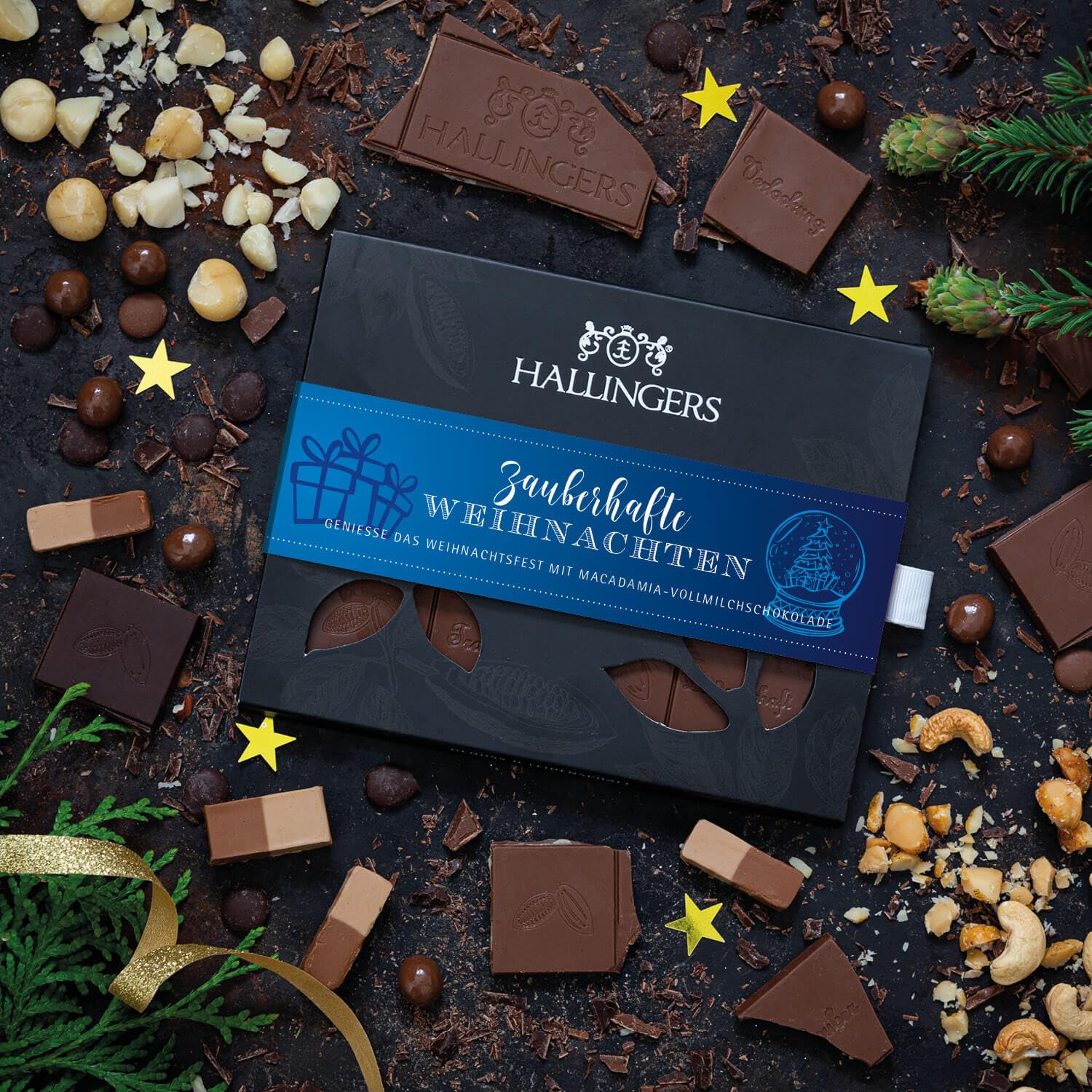 Hallingers Genuss Manufaktur Schokolade Weihnachts-Geschenk - Tafel Edelkakao handgeschöpft ohne Alkohol edler Karton 10x "Zauberhafte Wei..." Macadamia-Nougat, Weihnachten für Frauen Männer