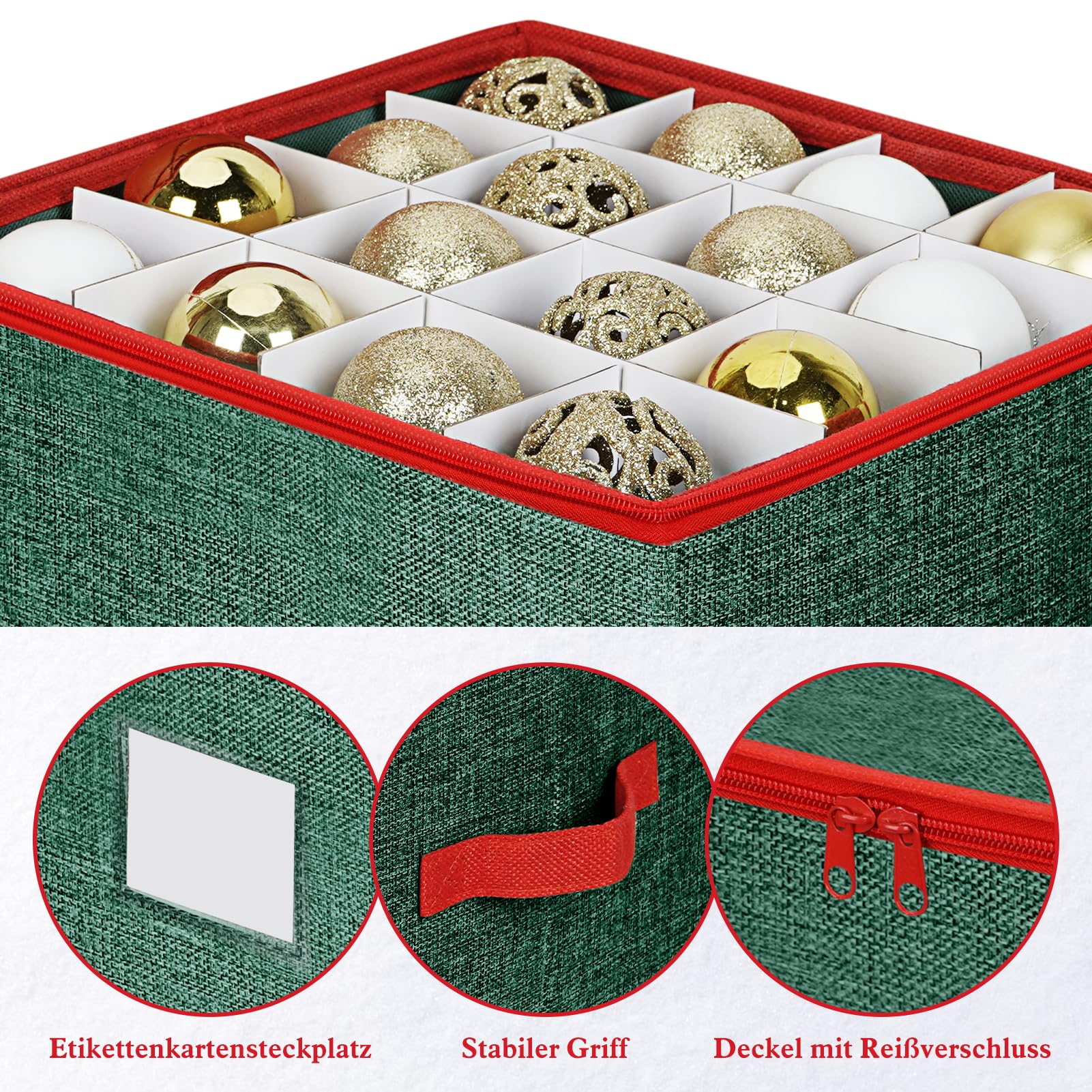 Weihnachtskugeln Aufbewahrung, Aufbewahrungsbox 64 Fächer | Aufbewahrungsboxen mit Deckel, Boxen Aufbewahrung mit 4 Ebenen, abnehmbare Griffe & Unterteiler (31,5x31,5x34 cm) - Grün Rot