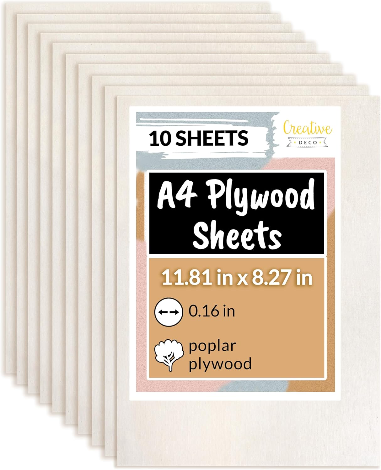 Creative Deco 10 x A4 Plywood Sheets | 11 3/4 x 8 1/4in | 0.15in Thickness | Poplar Wood Ply | Perfect for Home Decor Arts and Crafts Painting Laser Cutter CNC Machine Scroll Saw Pyrography