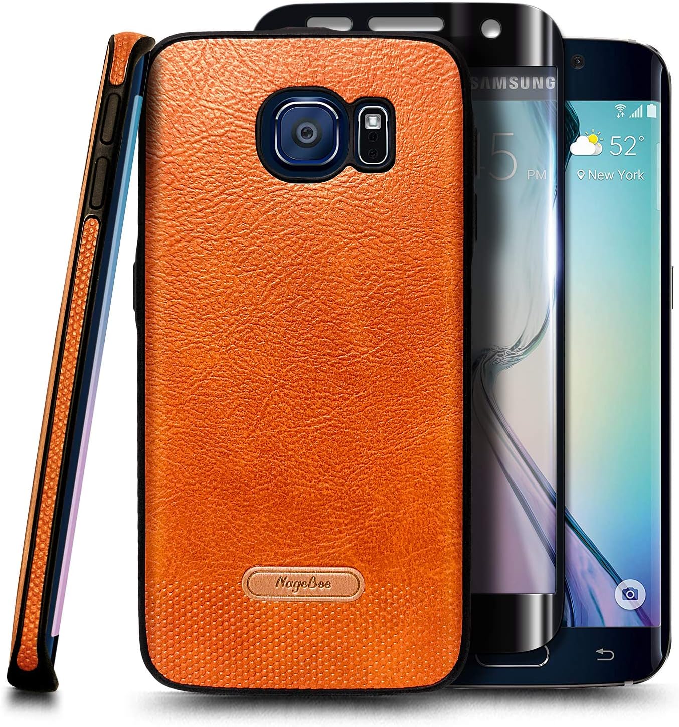 Phone Case for Samsung Galaxy S6 Edge with Screen Protector (Soft 3D Full Coverage), Premium PU Leather Ultra Thin Slim Fit Soft Flexible Non-Slip Grip Shockproof Anti-Scratch Cover (Brown)