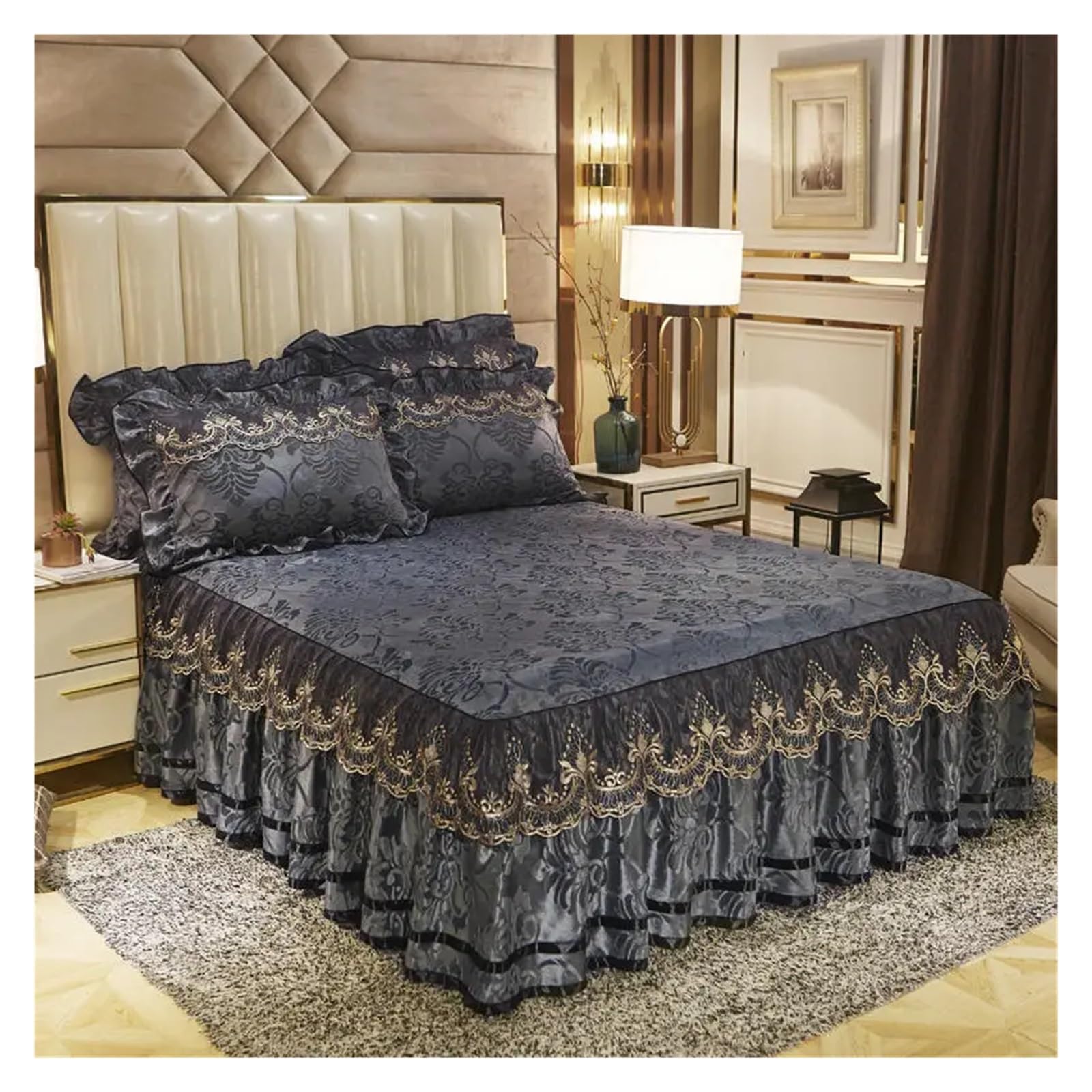 Velvet Bedding Bed Skirt Pillowcases Quilted Bedspread Lace Embroidery Ruffle Mattress Cover Bed Sheet Home Textile(E,1pcs Skirt 200X220)