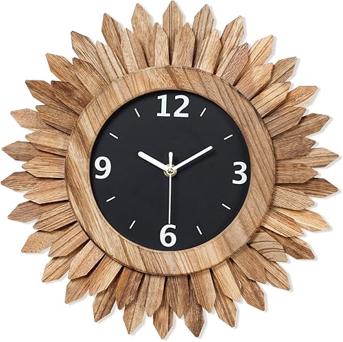 Miniatura 9 de Honiway Reloj de pared a pilas de 12 pulgadas, de madera rústica, bohemio, con diseño sunburst, reloj de pared decorativo silencioso sin tictac