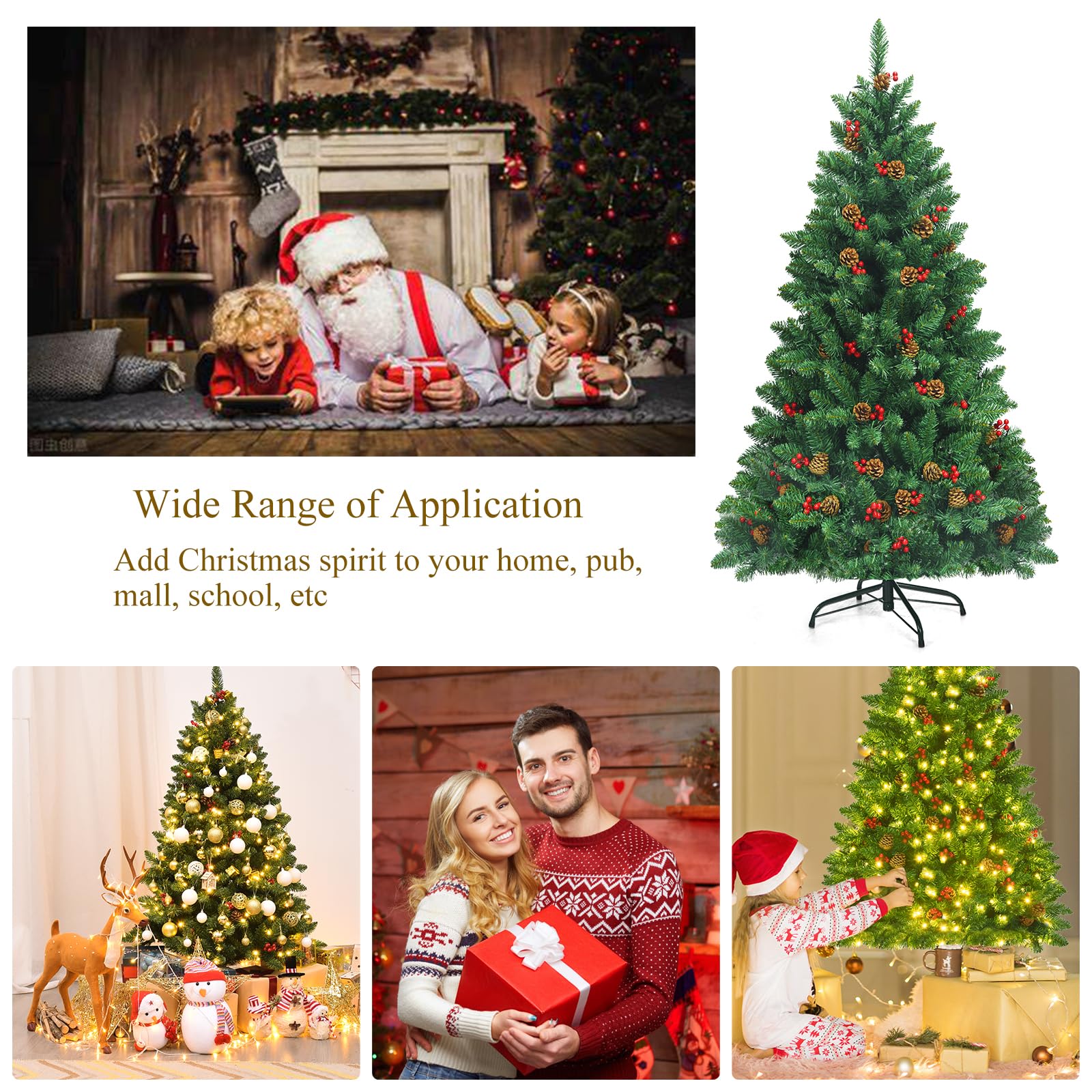 LIFEZEAL Sapin de Noël 195 cm, Arbre de Noël Artificiel avec 450 LED, 1100 Branches, 56 Baies, 56 Pommes de Pin, PVC Épais Ignifugé, Base en Métal, Décoration Intérieure et Extérieure