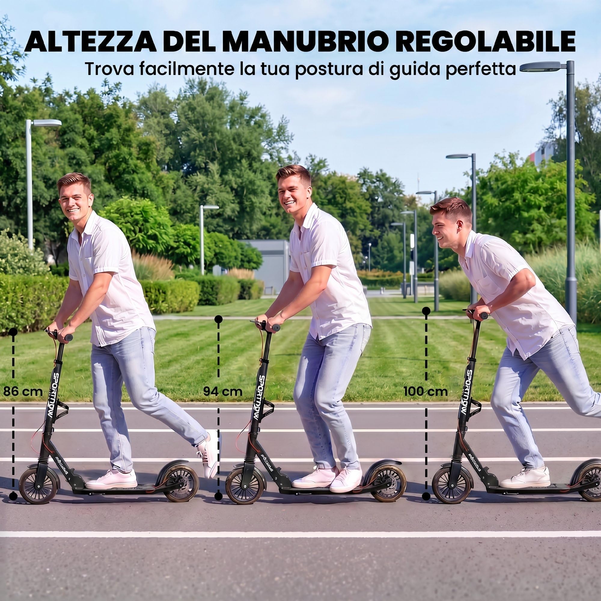 SPORTNOW Monopattino Adulto Pieghevole con Manubrio Regolabile, Scooter Pieghevole in Alluminio con un Solo Clic, Ruote Grandi di 200 mm, Ammortizzatore, Doppio Freno, ABEC-7, Portata 100 kg, Argento