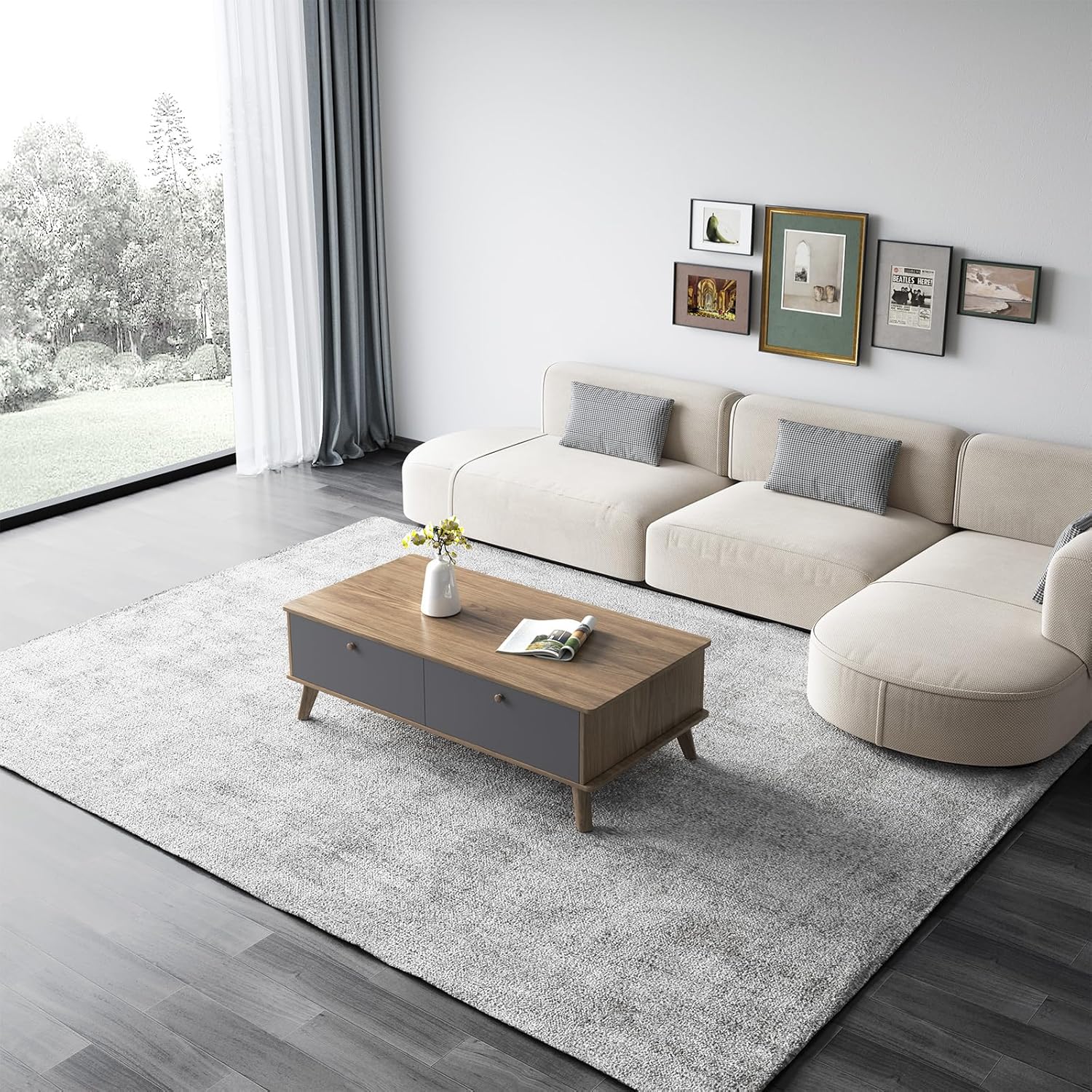 Guyii Coffee Table with Storage Drawer, Mid Century Modern Tea Table, Space Saving Center Table, Rectangular Office Desk for Living Room, Home Office, Easy to Assemble