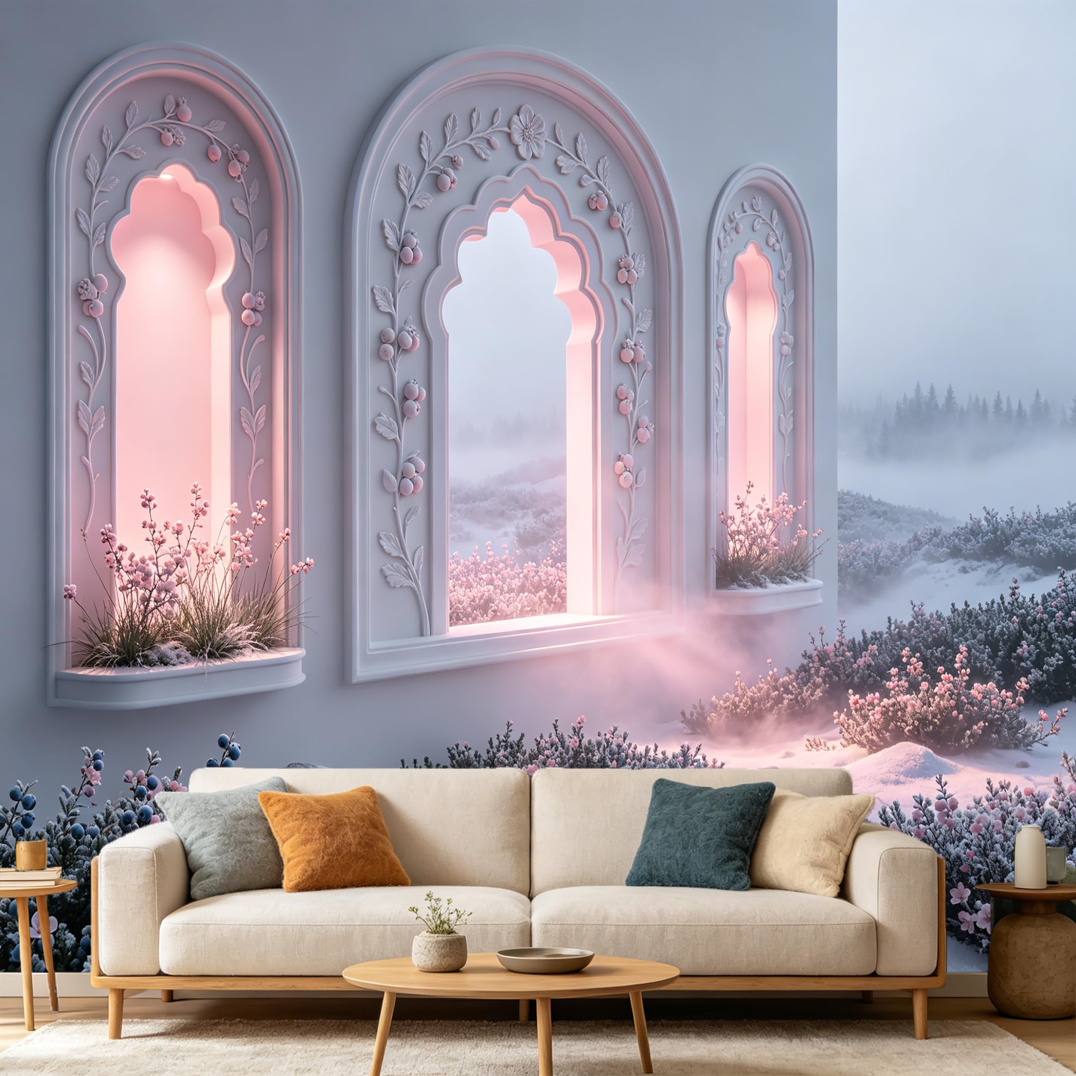 Custom Size Wall Mural， 3D Snowy Archway Winter Landscape Botanical Pink Flower， SelfAdhesive Art Prints wall Fabric Removable Large Wallpaper Home Living Room Decor