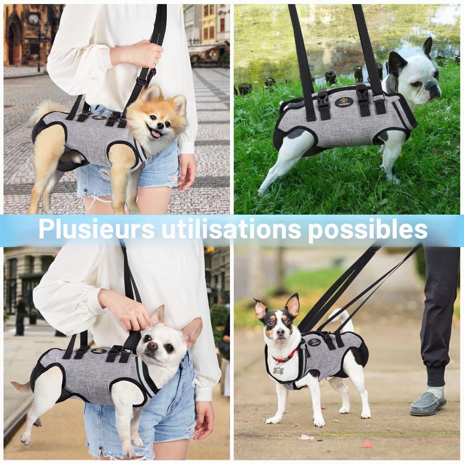 Ownpets Harnais de Levage pour Petit Chien, Serviette de Transport pour Petit Chien, Harnais Complet pour Tout Le Corps, Sac de Transport avec bandoulière, Doux, imperméable, réglable, Gris,S