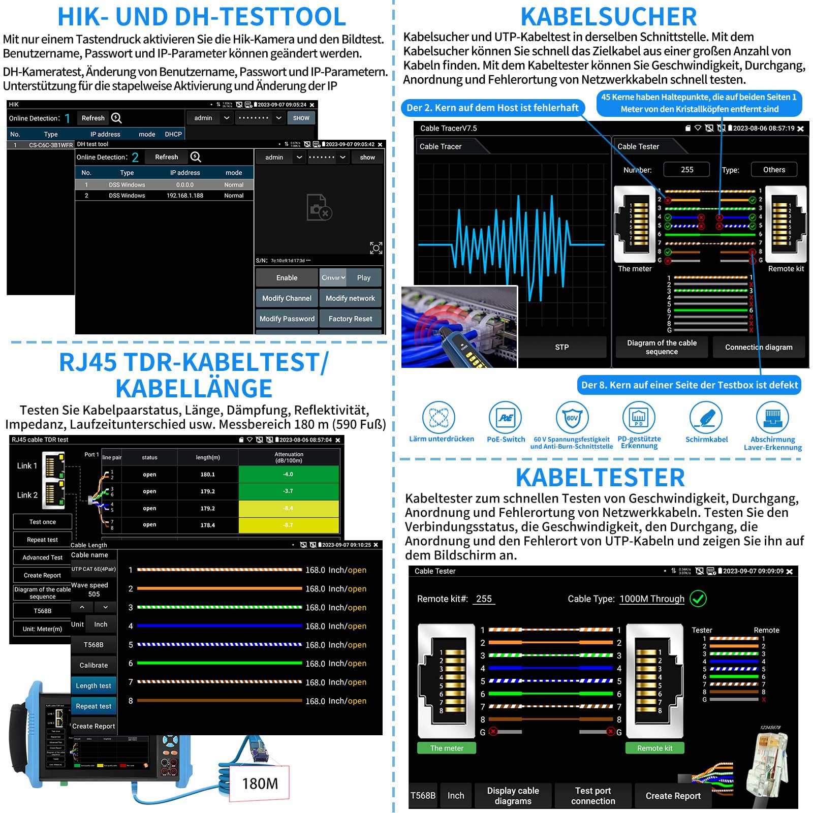 Henkion IP Kamera Tester IPC-9800CMADHS Pro CCTV-Kameratester 7-Zoll-IPS-Touchscreen-Monitor CCTV Tester 8K IPC Tester und 4K 8MP TVI CVI AHD SDI Kameratest Multimeter Kabeltes POE HDMI VGA 1CH SFP