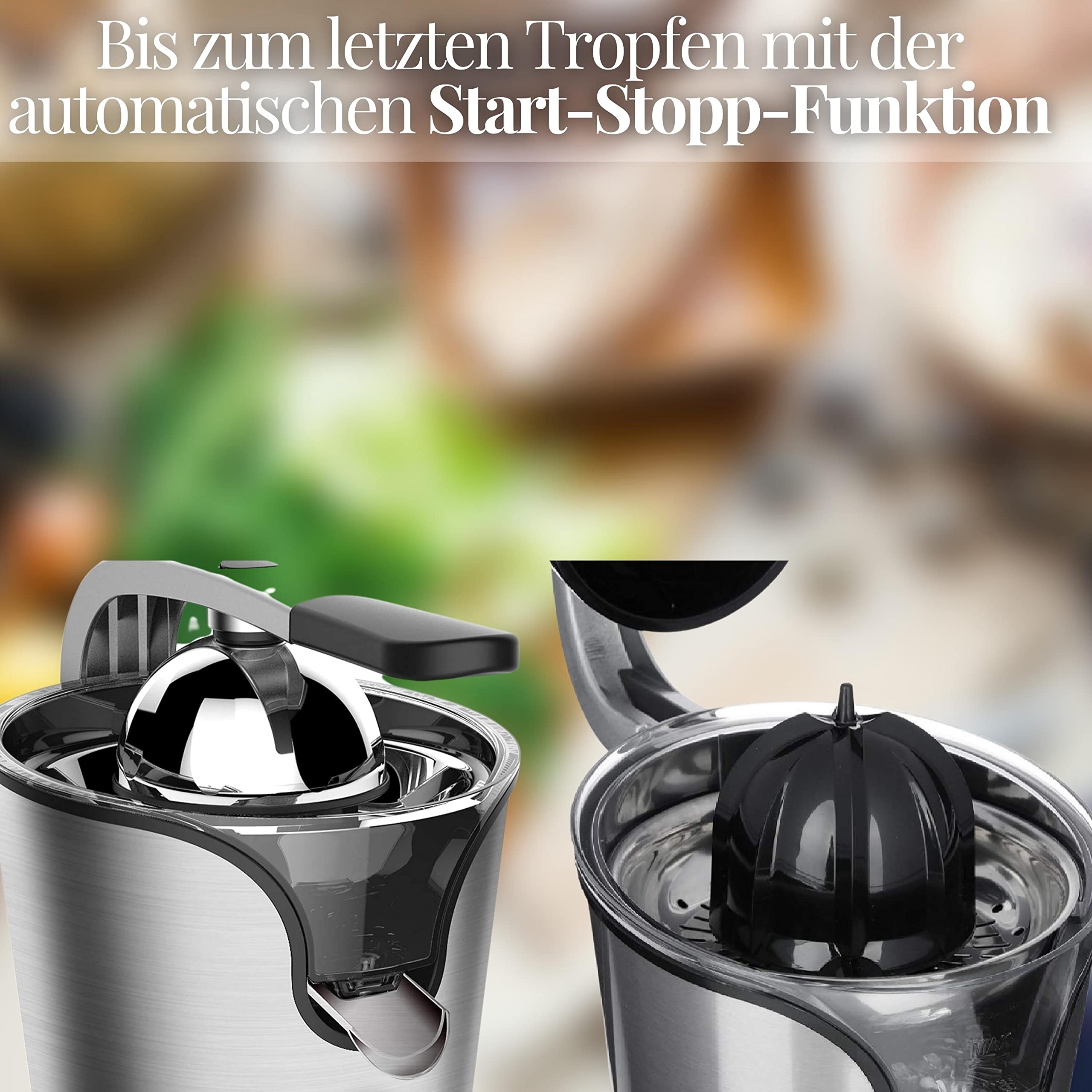 Elektrische Edelstahl Zitruspresse | Longlife-Motor | 500 Watt | 2 Presskapseln | Edelstahlsieb | Elektrische Saftpresse | Auto-Start-Stop | Entsafter